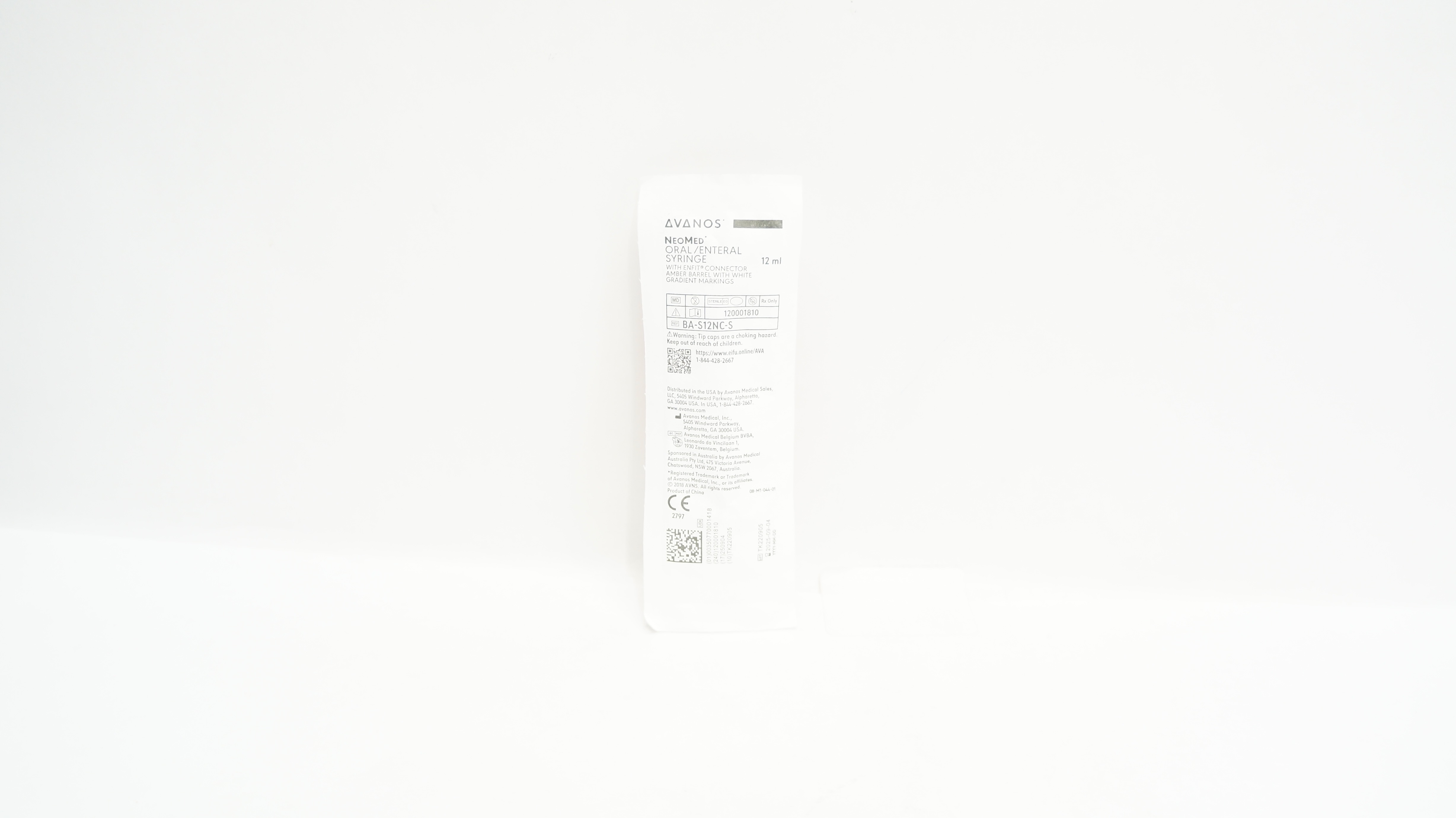 Avanos BA-S12NC-S Neomed Oral/Enteral Syringe w/ENFit Connector 12ml