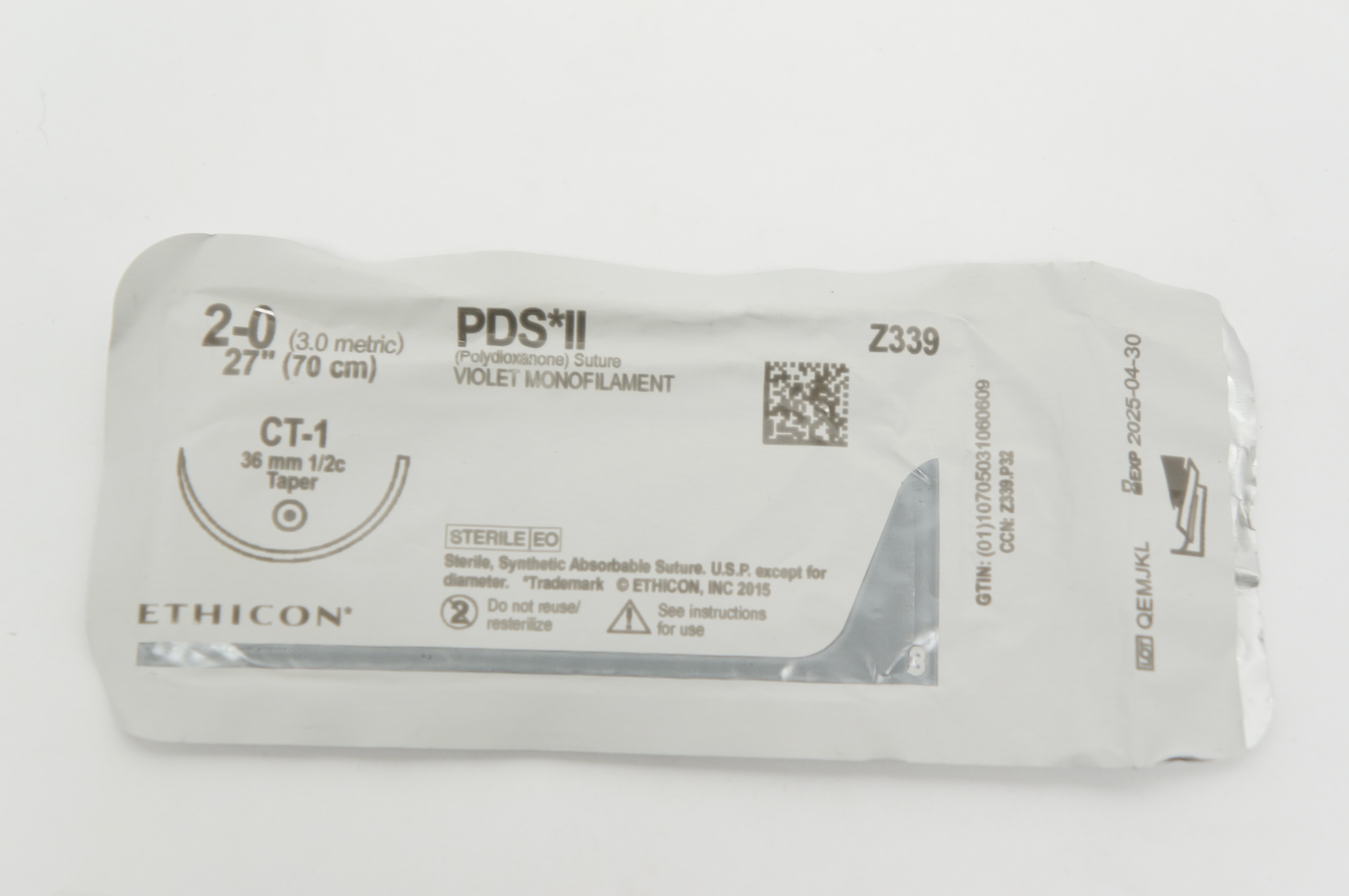 Ethicon Z339 2-0 PDS II, CT-1, 36mm 1/2c Taper, 27inch