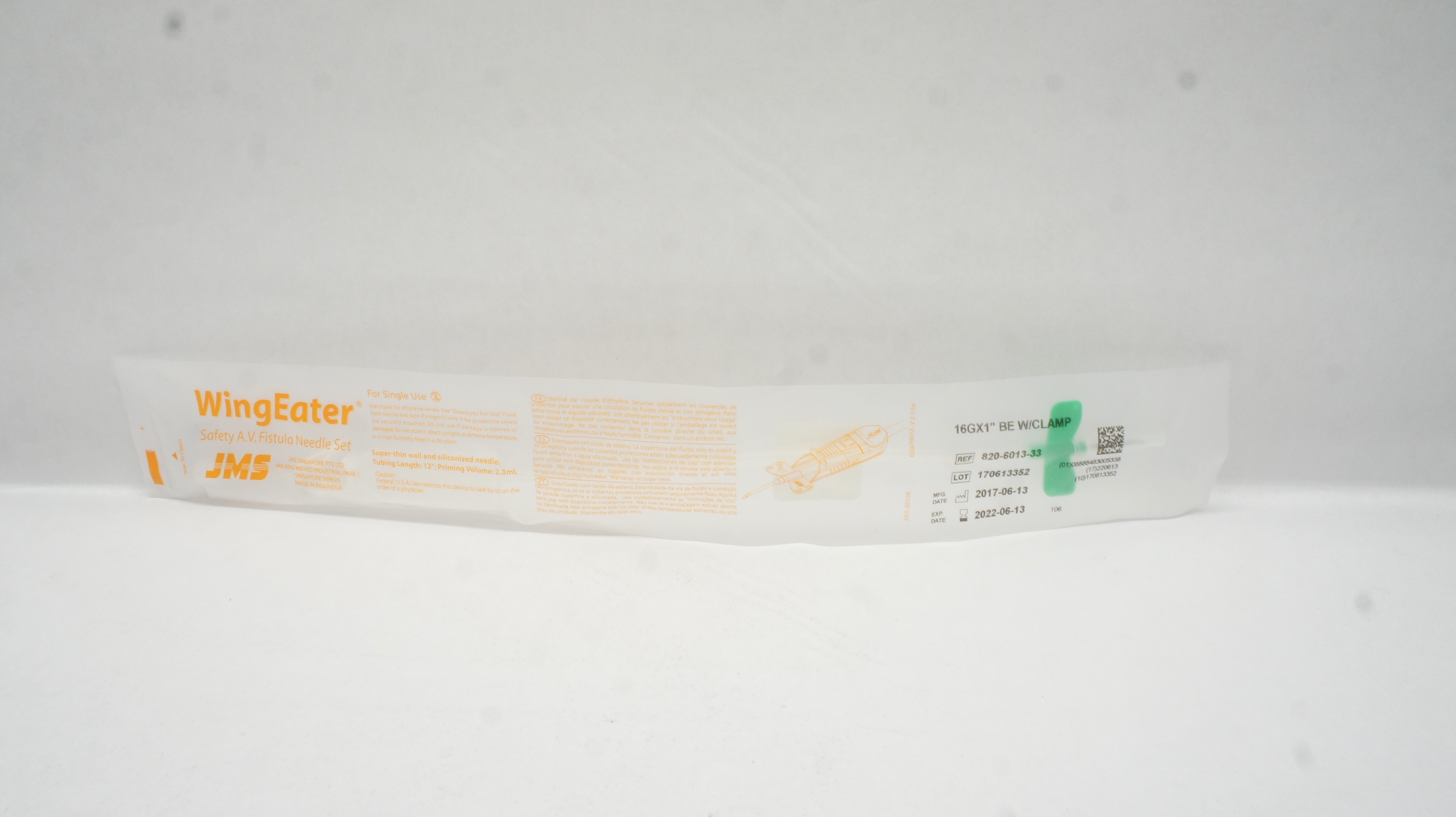JMS 820-6013-33 WingEater Safety A.V.Fistula Ndle. Set w/Clamp 16G x 1inch (x)