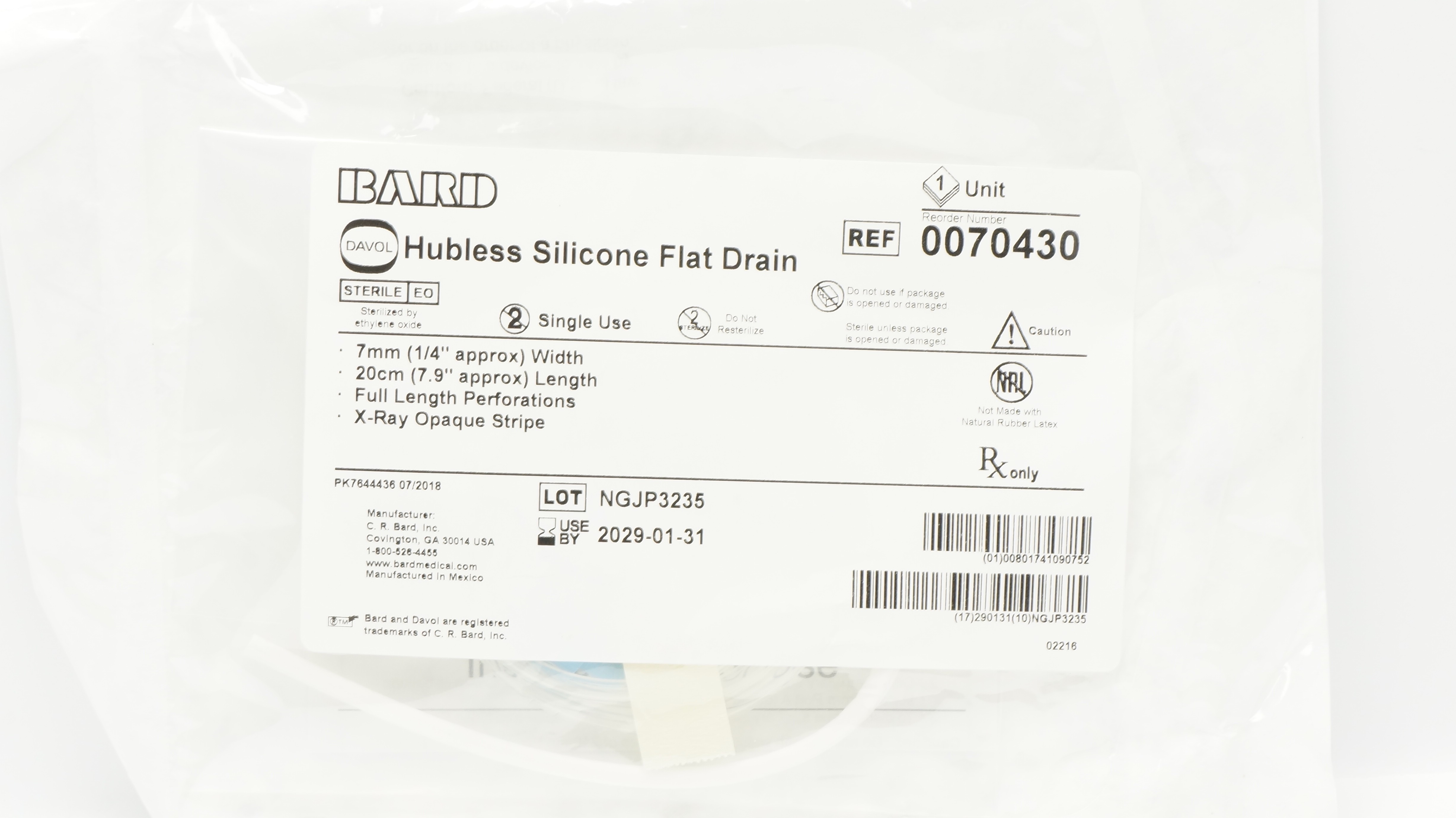 Bard 0070430 Davol Hubless Silicone Flat Drain 1/4 inch x 7.9 inch Approx.
