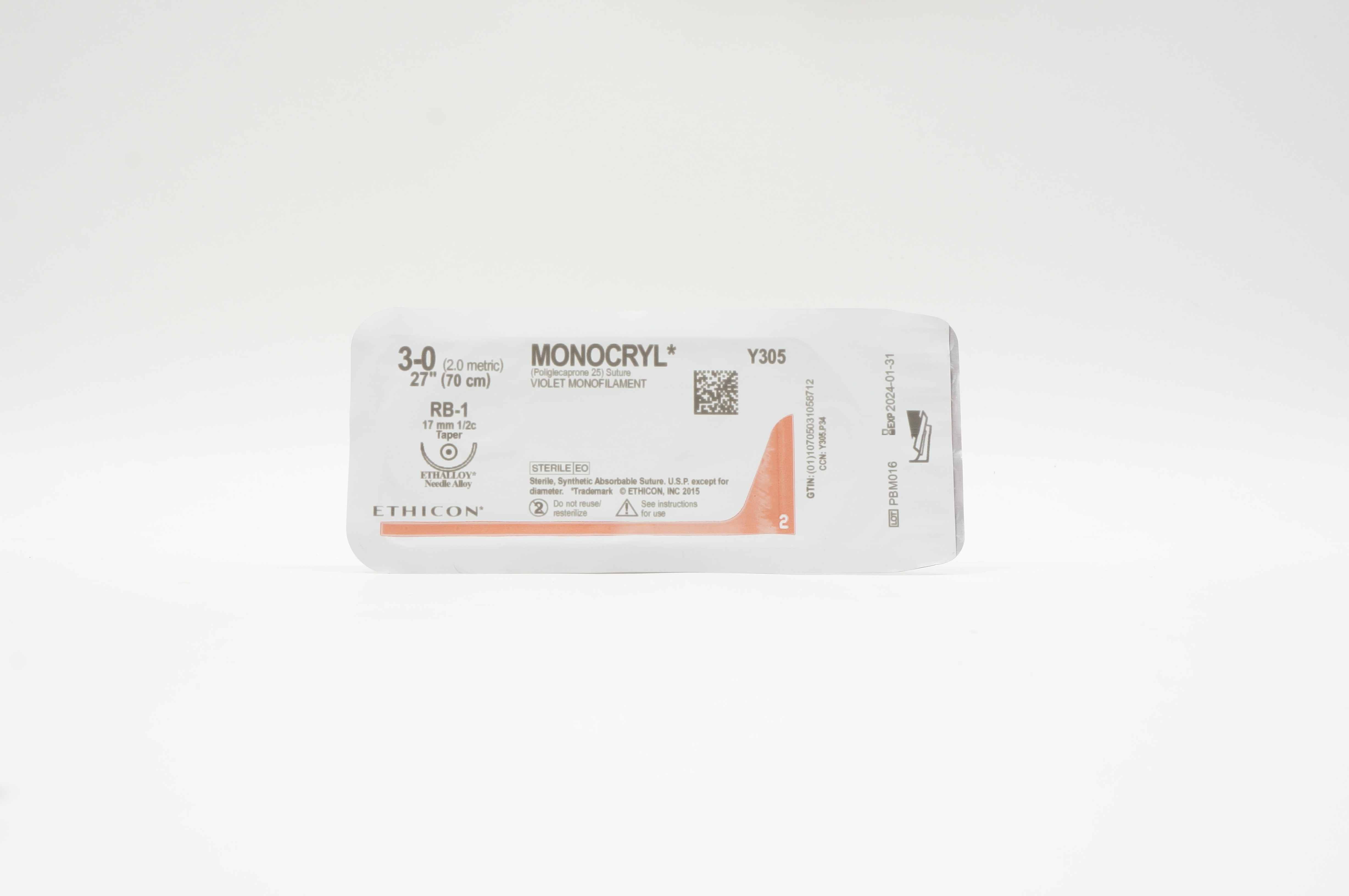 Ethicon Y305 3-0 MONOCRYL, RB-1, 17mm 1/2c Taper, 27inch