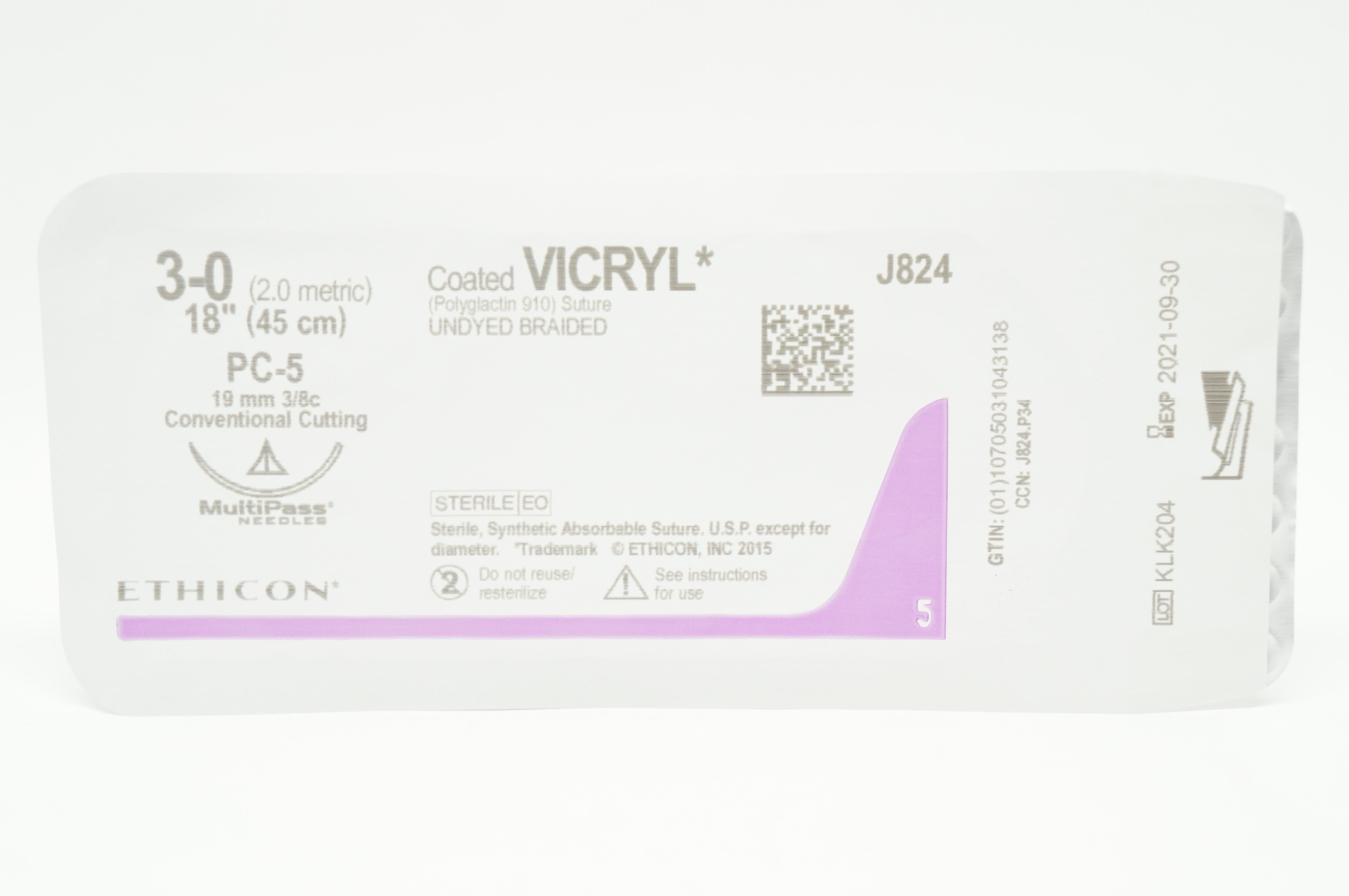 Ethicon J824 3-0 Vicryl PC-5 19mm 3/8c Conventional Cutting, 18inch (x)