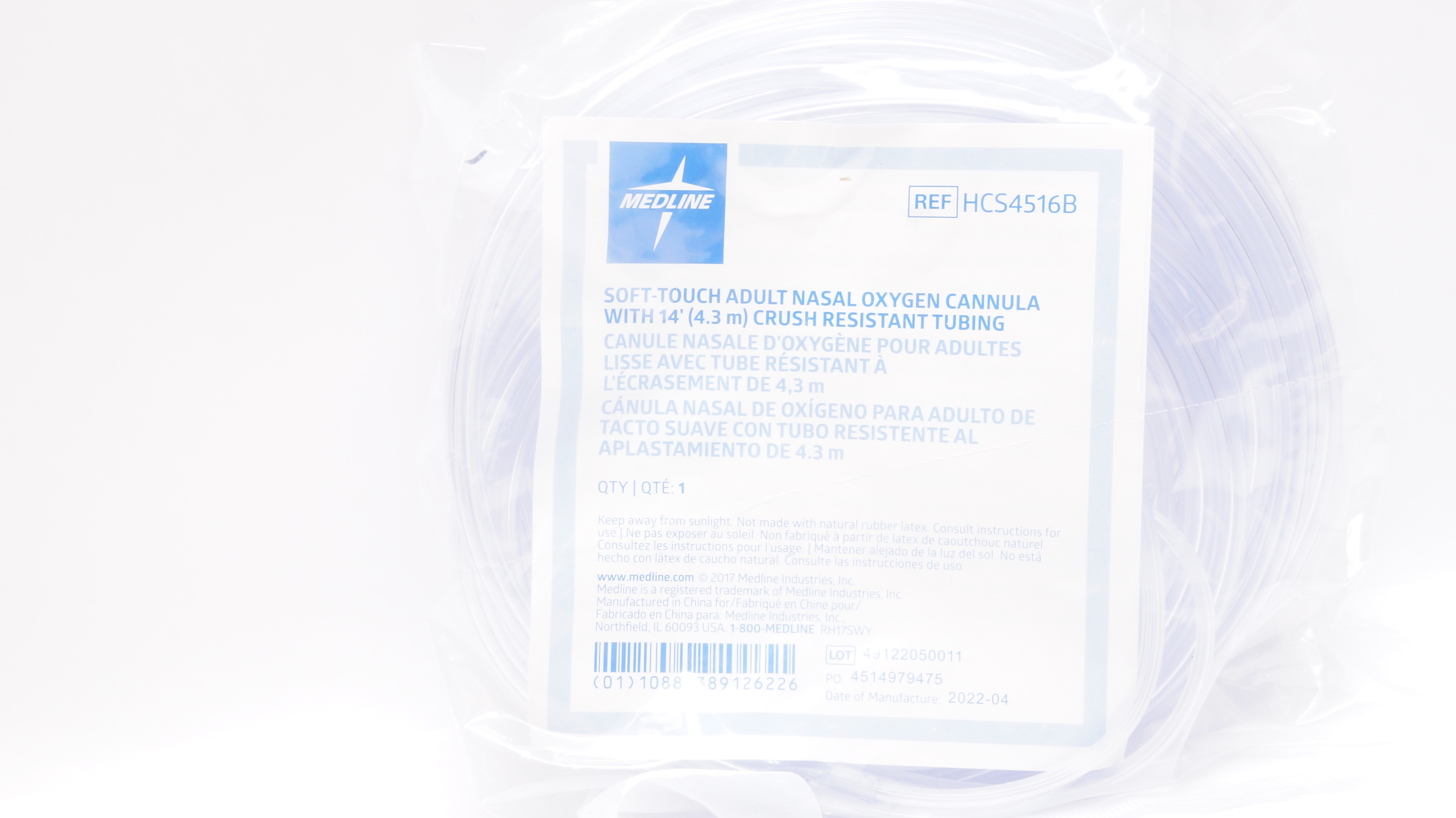 Medline HCS4516B Soft-Touch Adult Nasal Oxygen Cannula W/14ft. Resistant Tubing