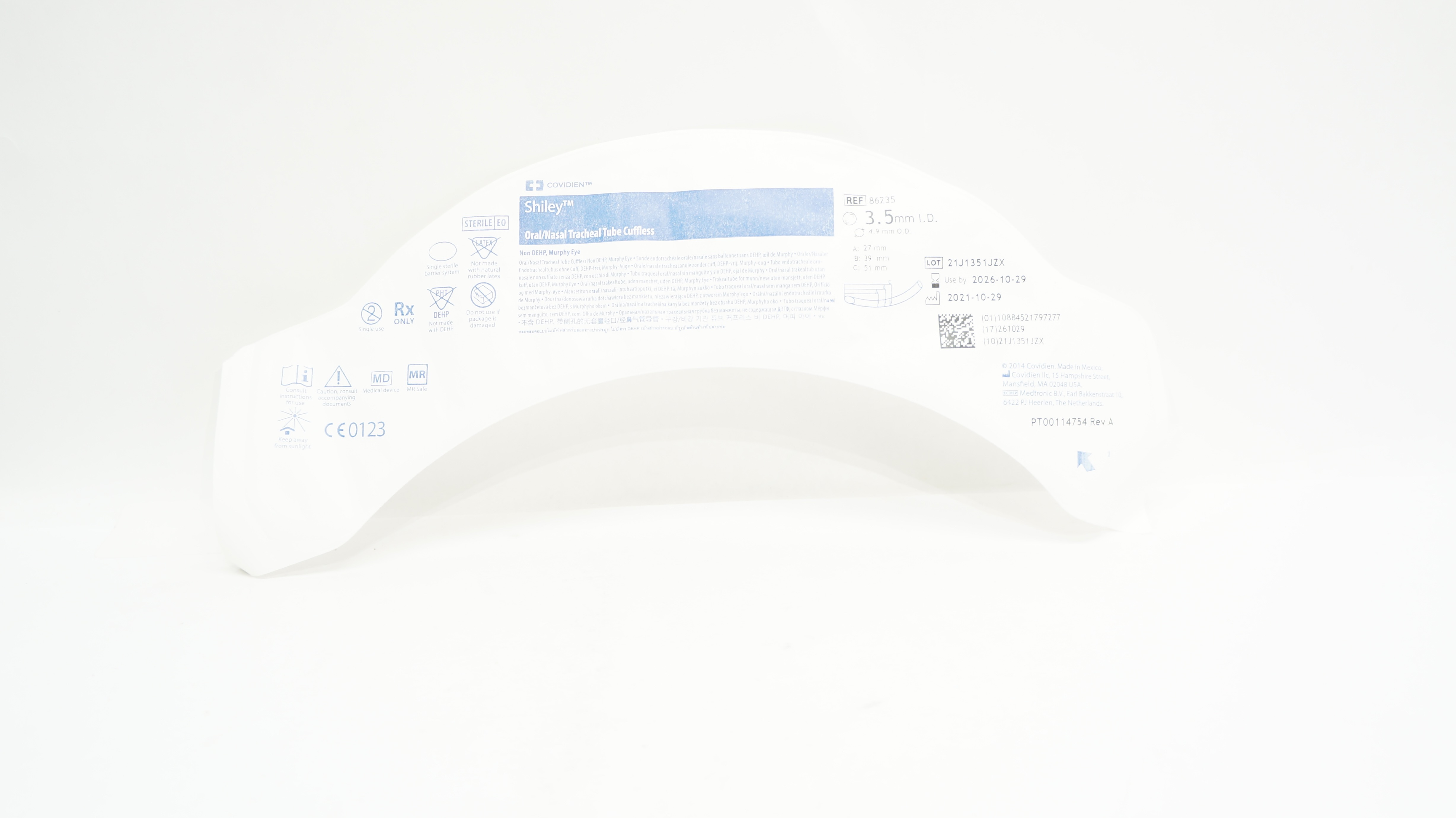 Covidien 86235 Shiley Oral/Nasal Tracheal Tube Cuffless 3.5mm ID x 4.9mm OD
