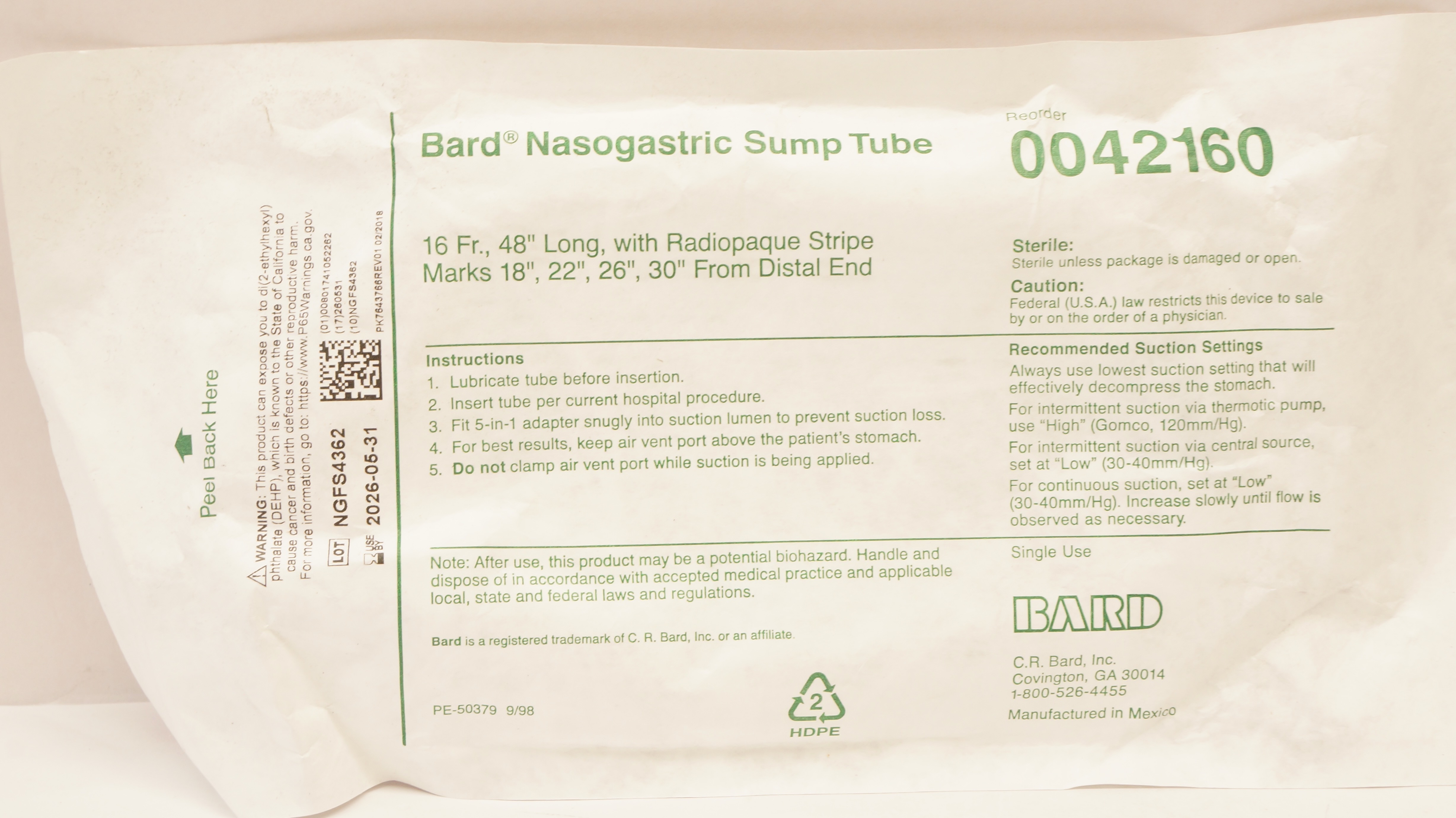 Bard 0042160 Nasogastric Sump Tube with Radiopaque Stripe Marks 16Fr x 48inch