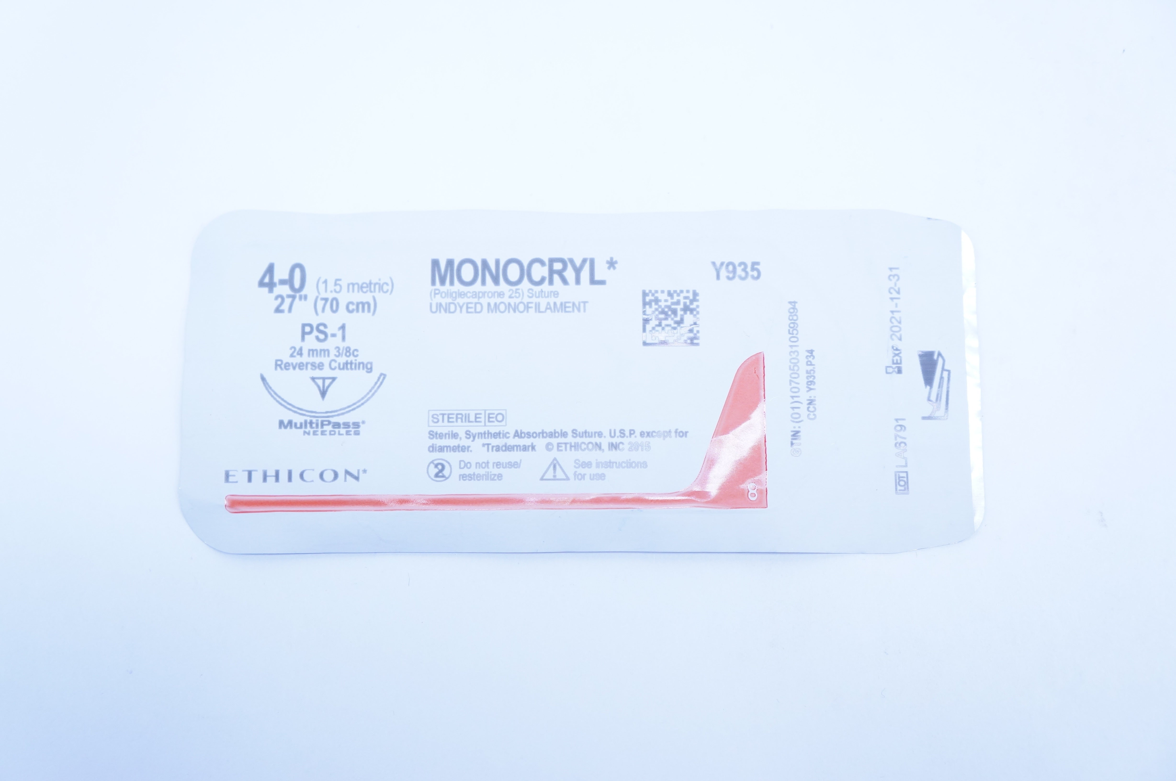 Ethicon Y935 4-0 MONOCRYL, PS-1, 24mm 3/8c Reverse Cutting, 27inch