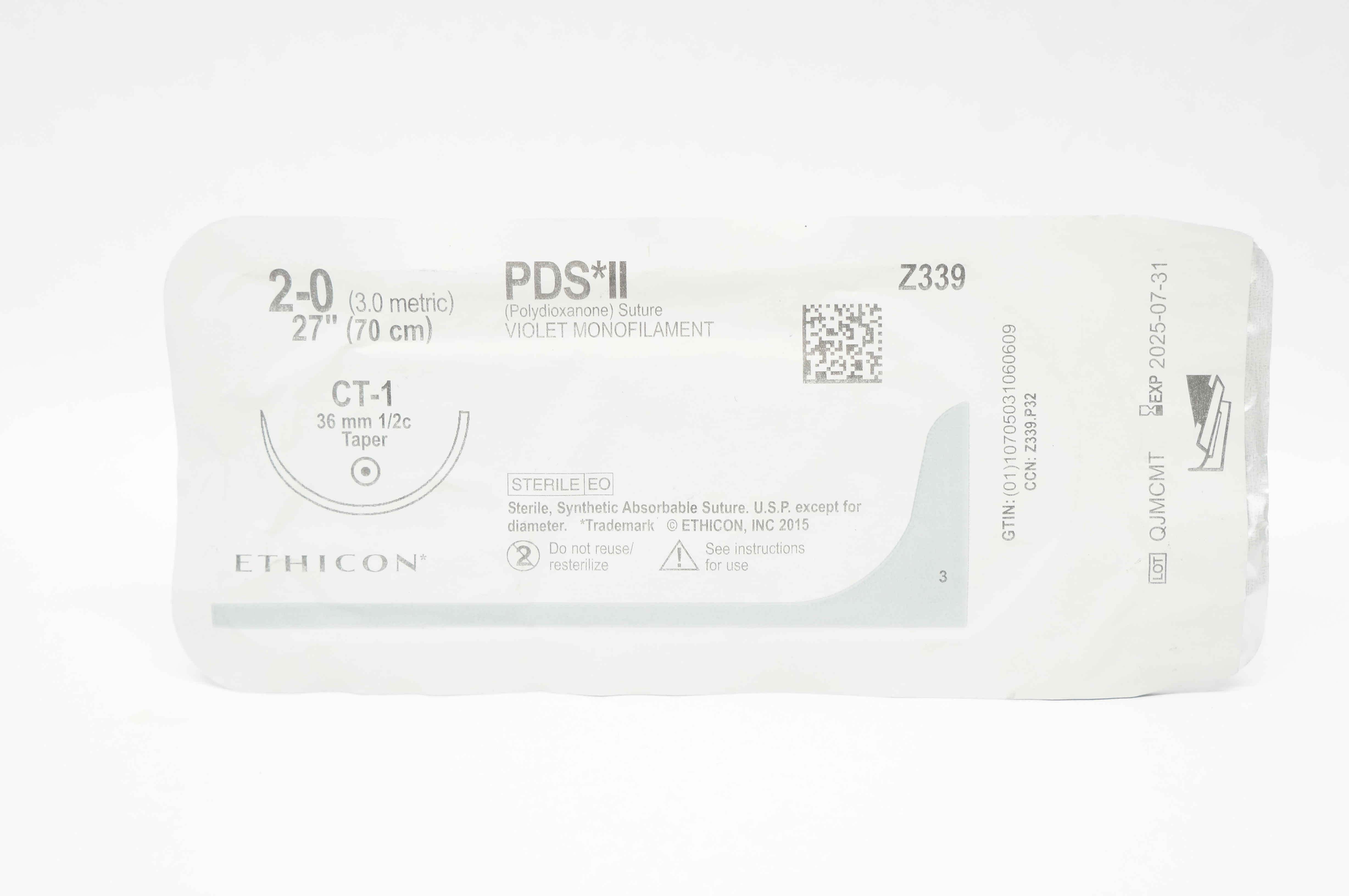 Ethicon Z339 2-0 PDS II CT-1 36mm 1/2c Taper 27inch