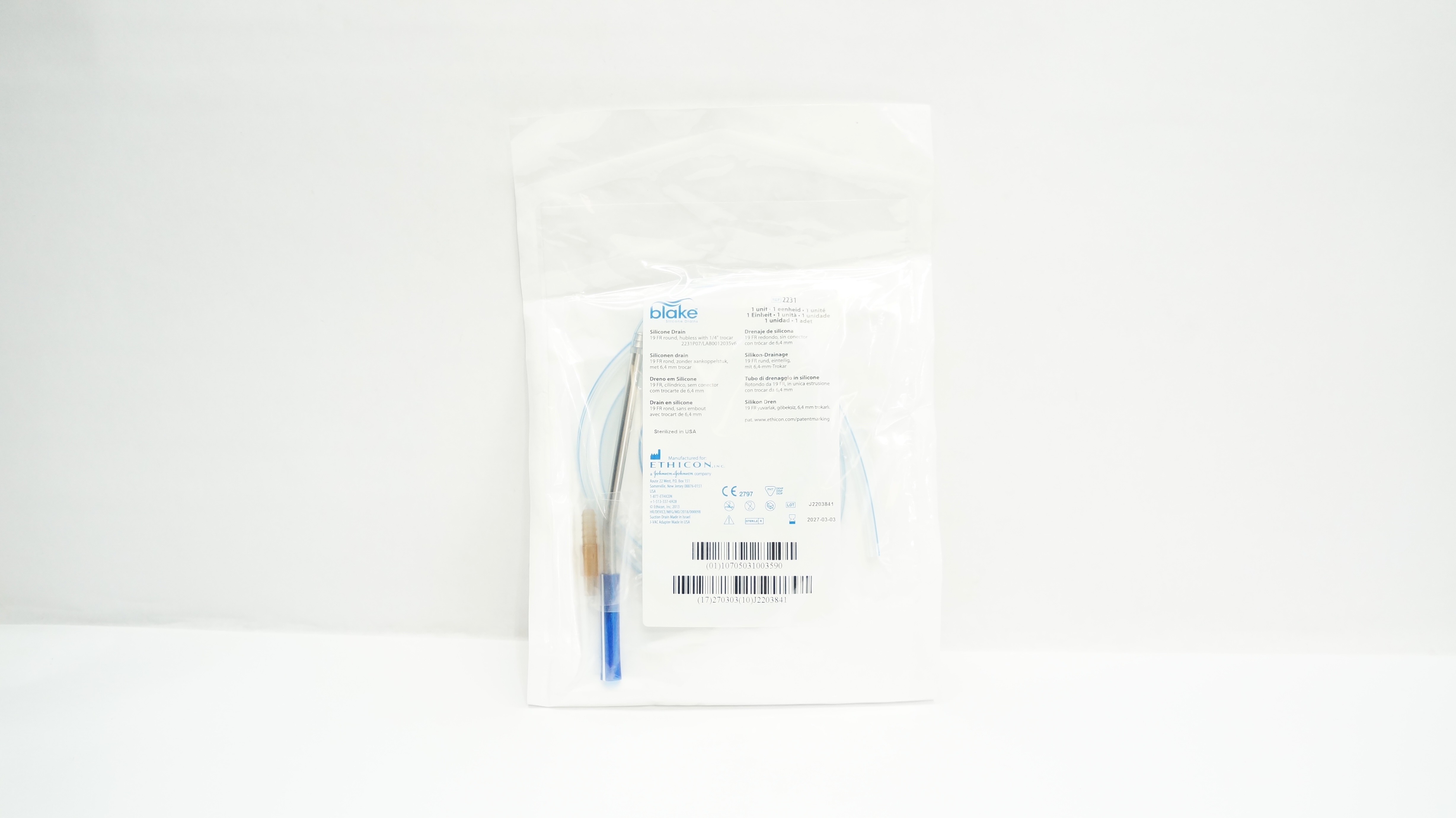 Ethicon 2231 Blake Silicone Drain, Round, Hubless, w/1/4Trocar, 19Fr