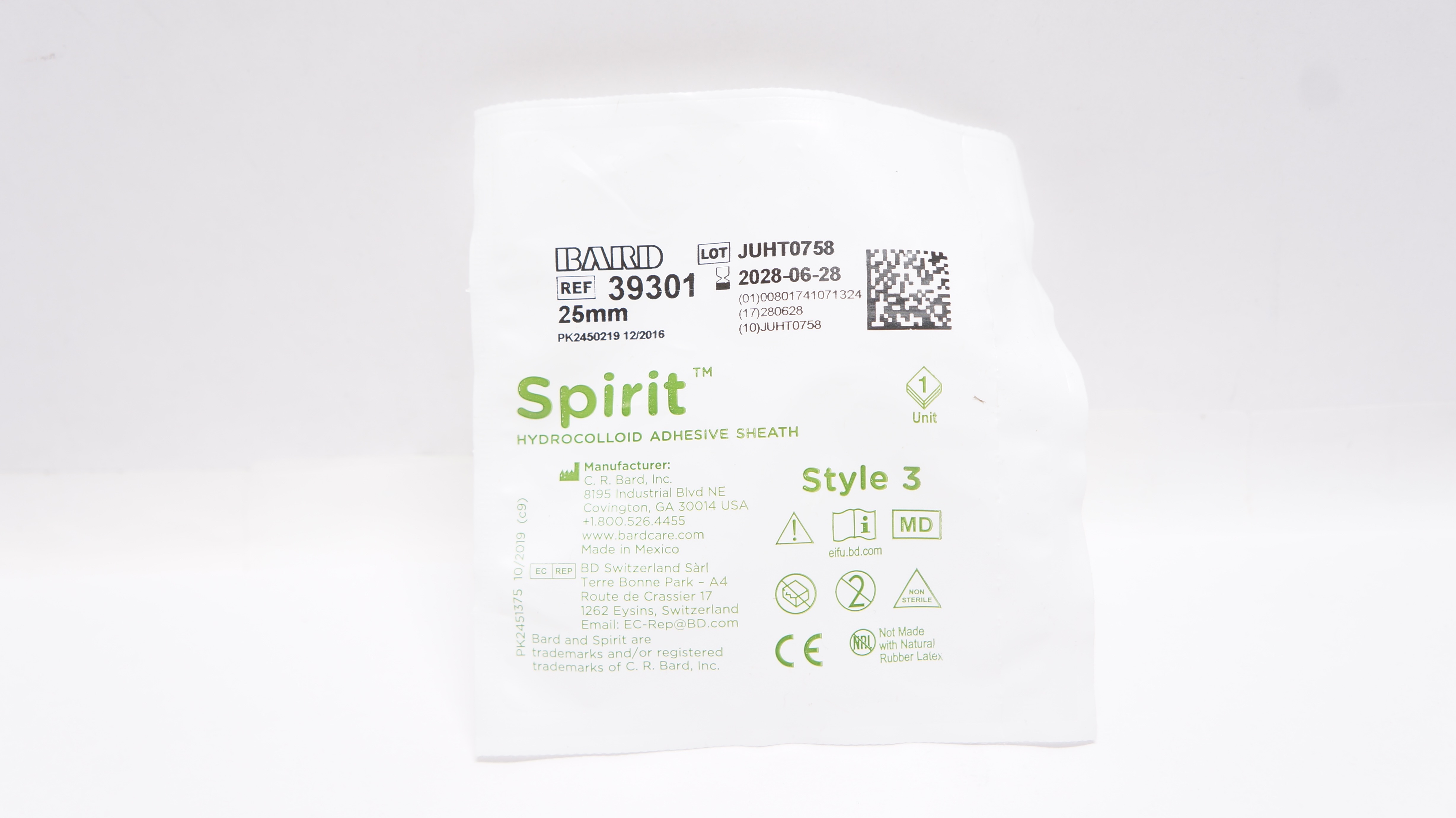 Bard 39301 Spirit Hydrocolloid Adhesive Sheath 25mm, Style 3