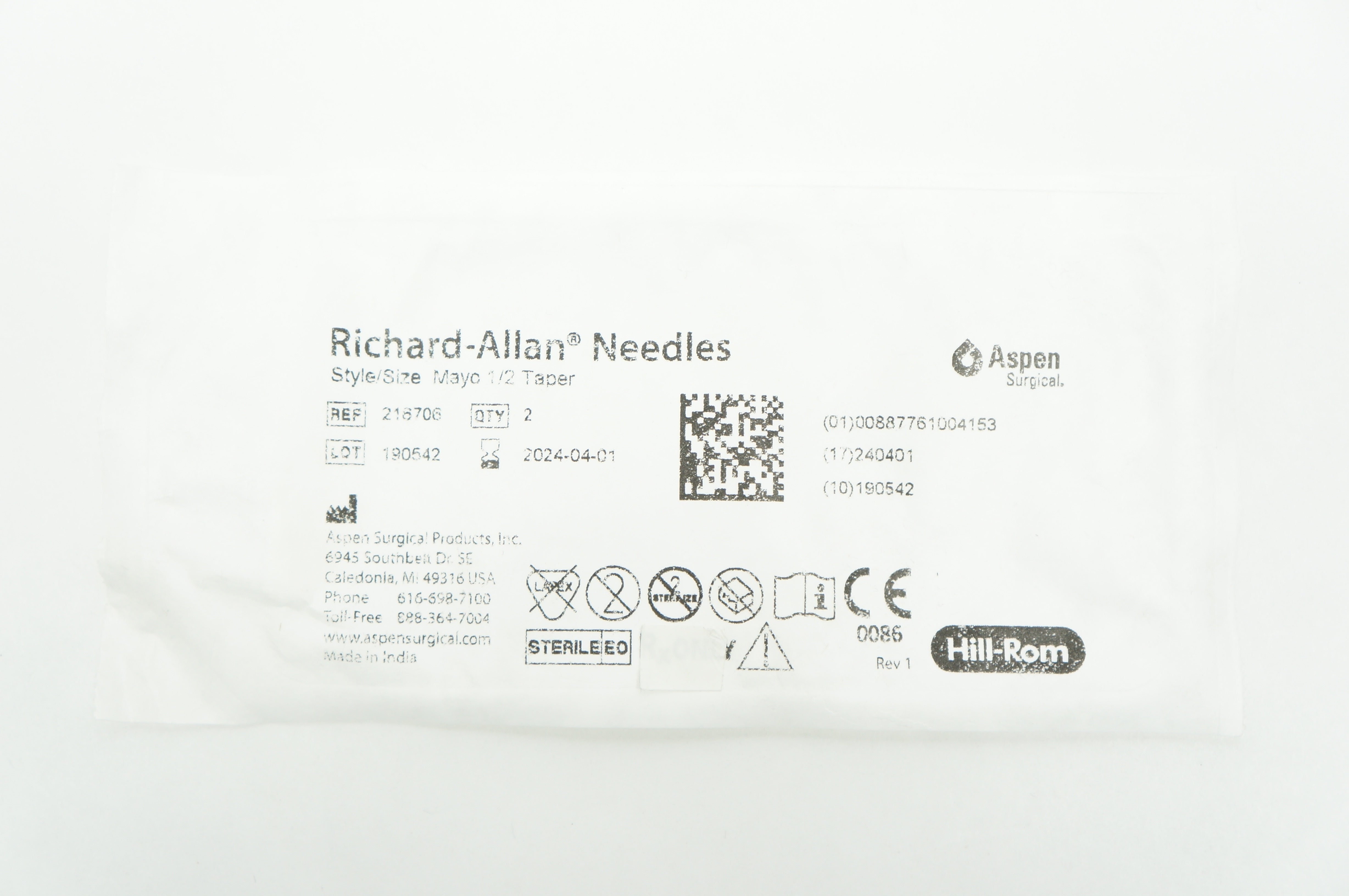 Aspen Surgical 216706 Richard-Allan Ndles, Mayo 1/2 Taper - Pack of 2