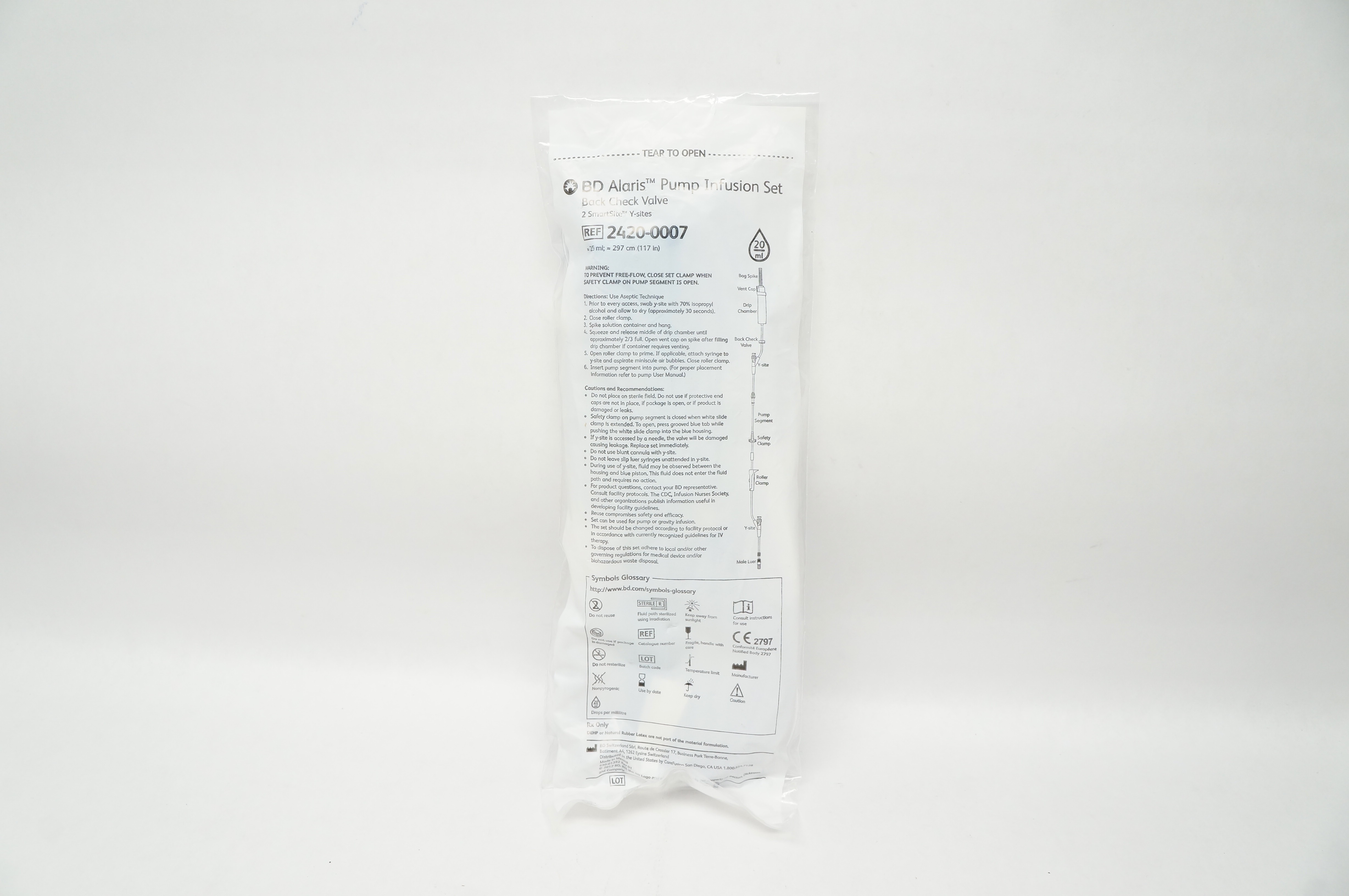 BD 2420-0007 Alaris Pump Infusion Set Back Check Valve 117inch x 25ml 20Drops/ml