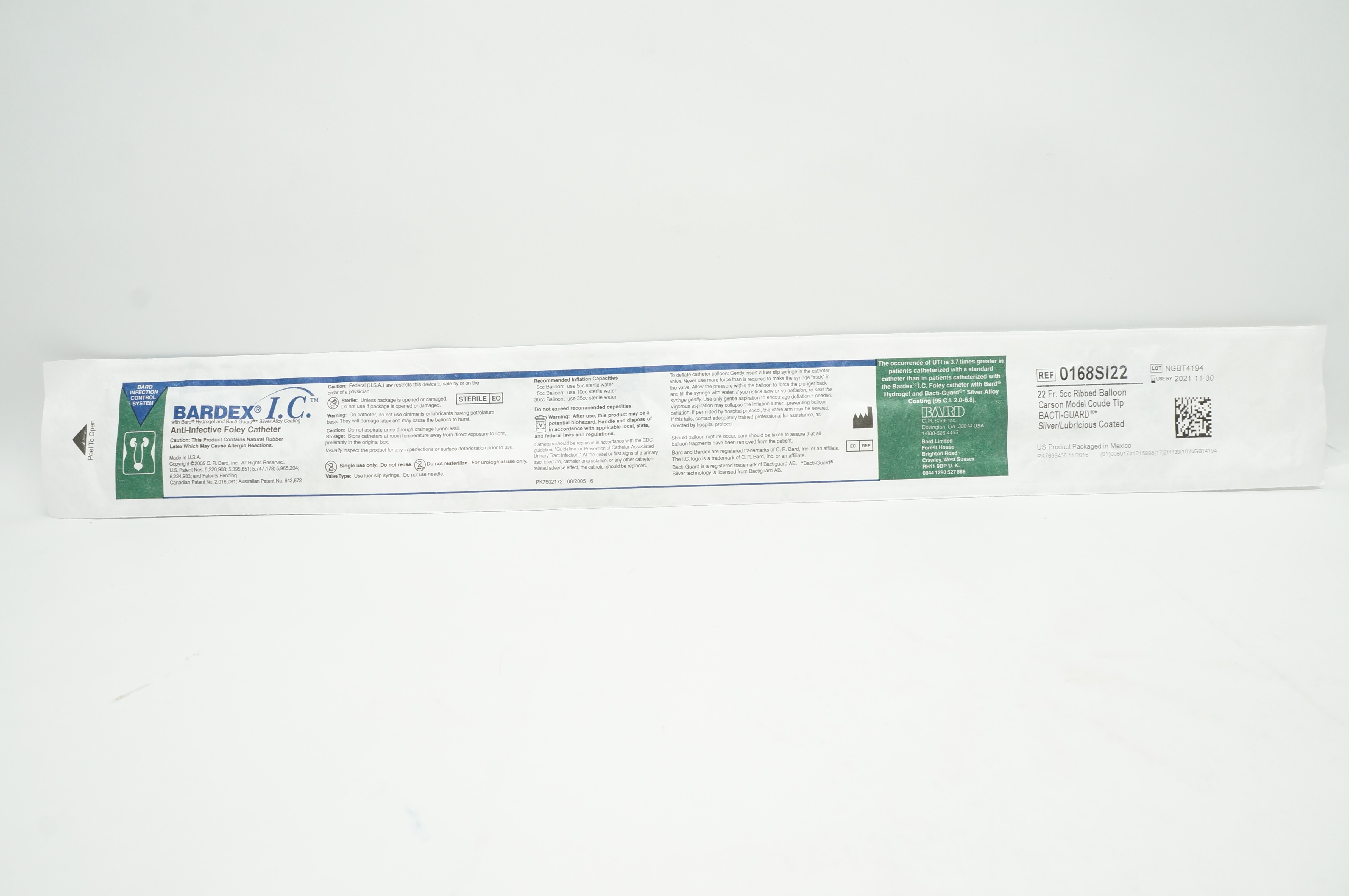 Bard 0168SI22 Bardex I.C. Anti-Infective Foley Cath. 22Fr 5cc Ribbed Balloon (x)