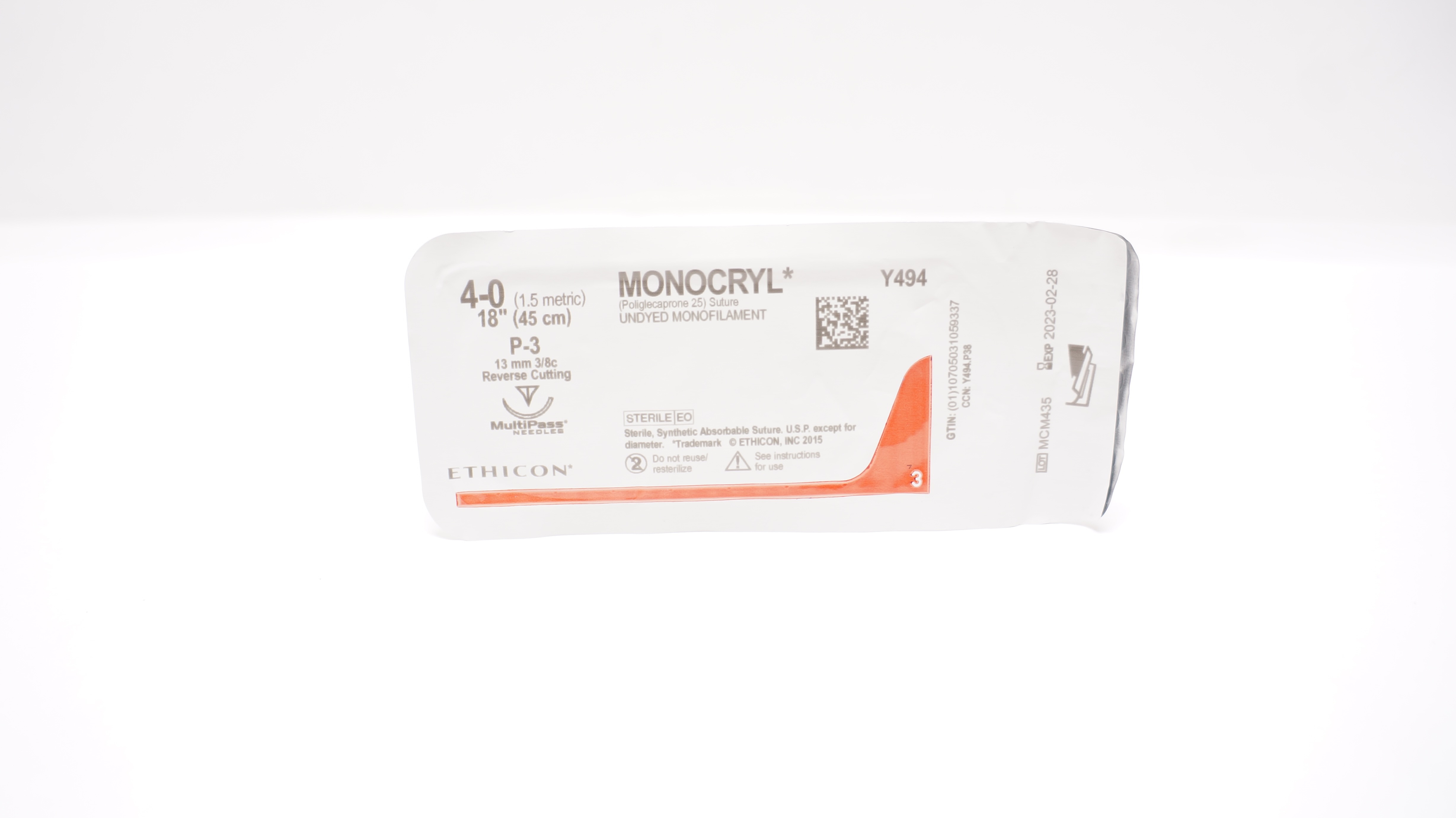 Ethicon Y494 4-0 MONOCRYL Stre P-3 13mm 3/8c Reverse Cutting 18inch (x)