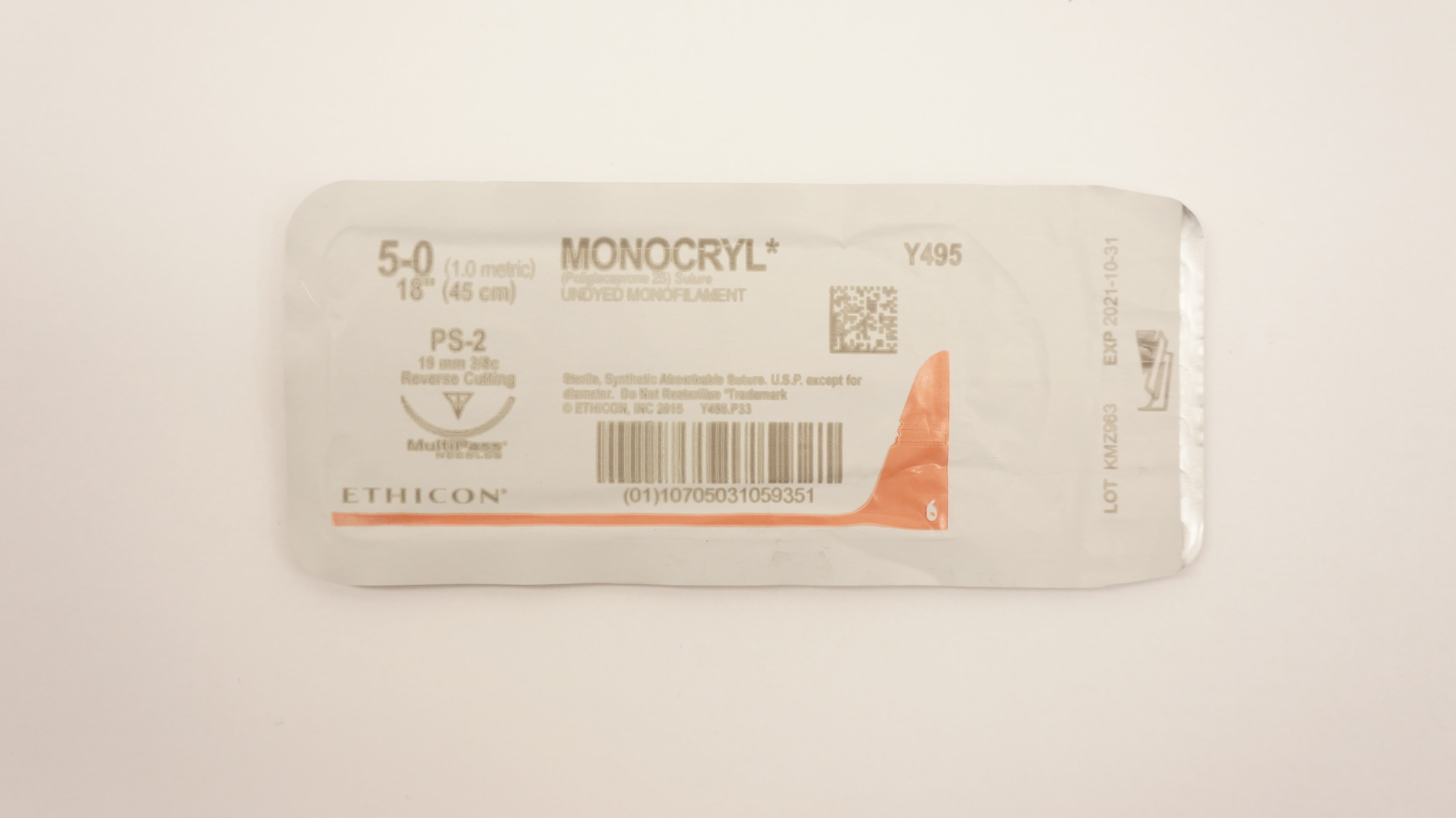 Ethicon Y495 5-0 Monocryl Stre Undyed PS-2 19mm 3/8c Reverse Cutting, 18inch (x)