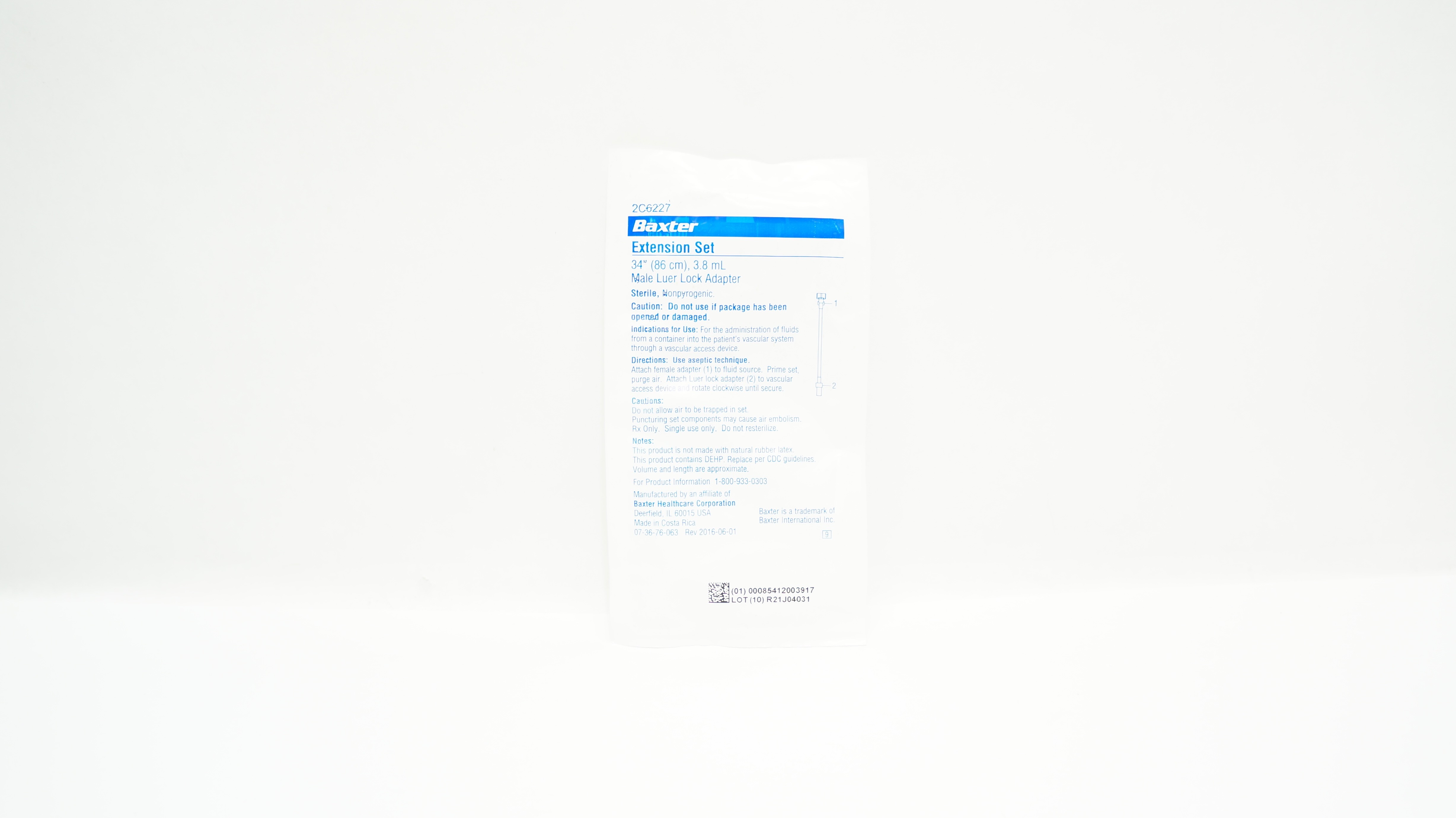 Baxter 2C6227 Extension Set, Male Luer Lock Adapter 34inch x 3.8mL