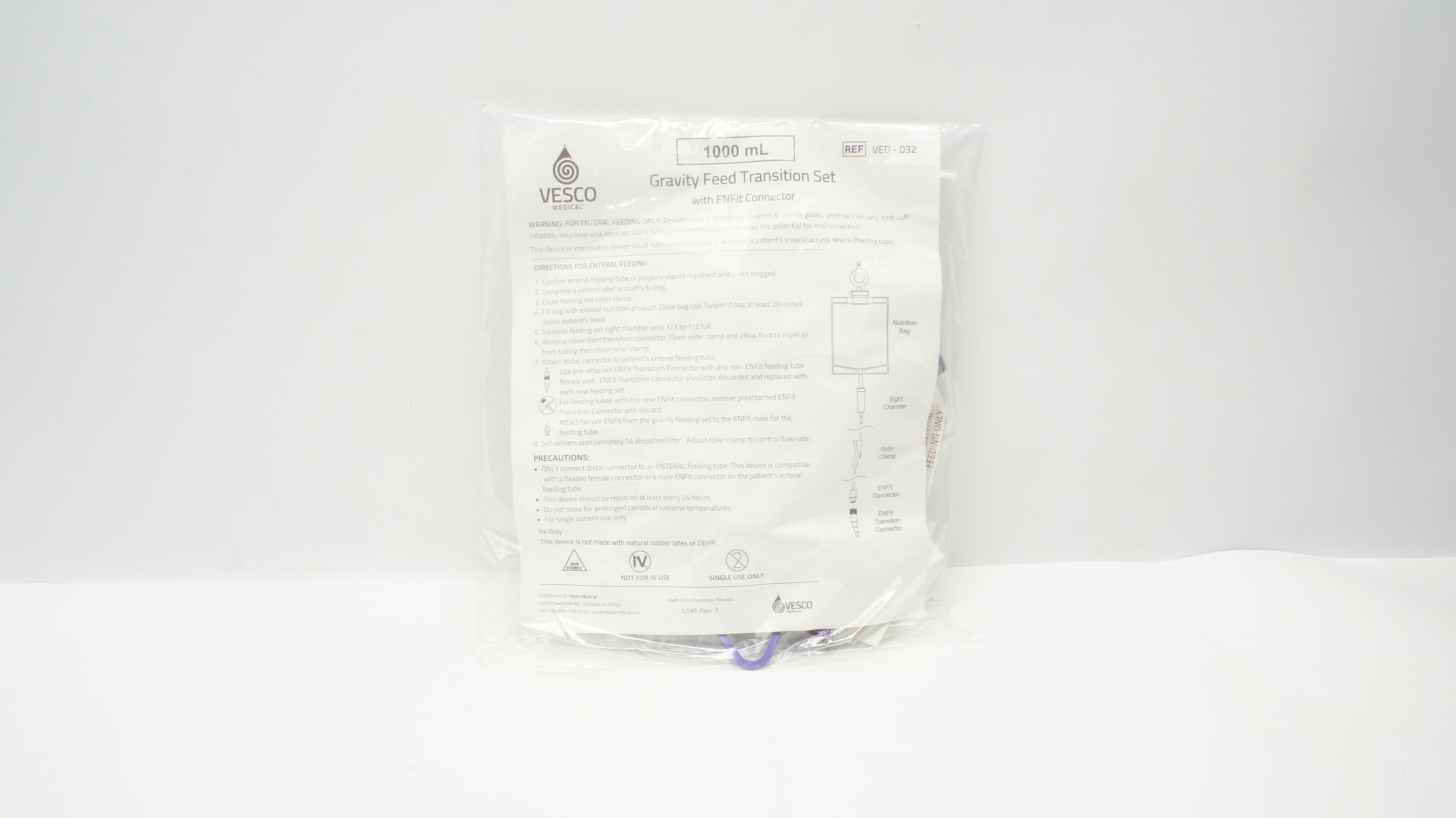Vesco Medical VED-032 Gravity Feed Transition Set w/ENFit Connector, 1000mL (x)
