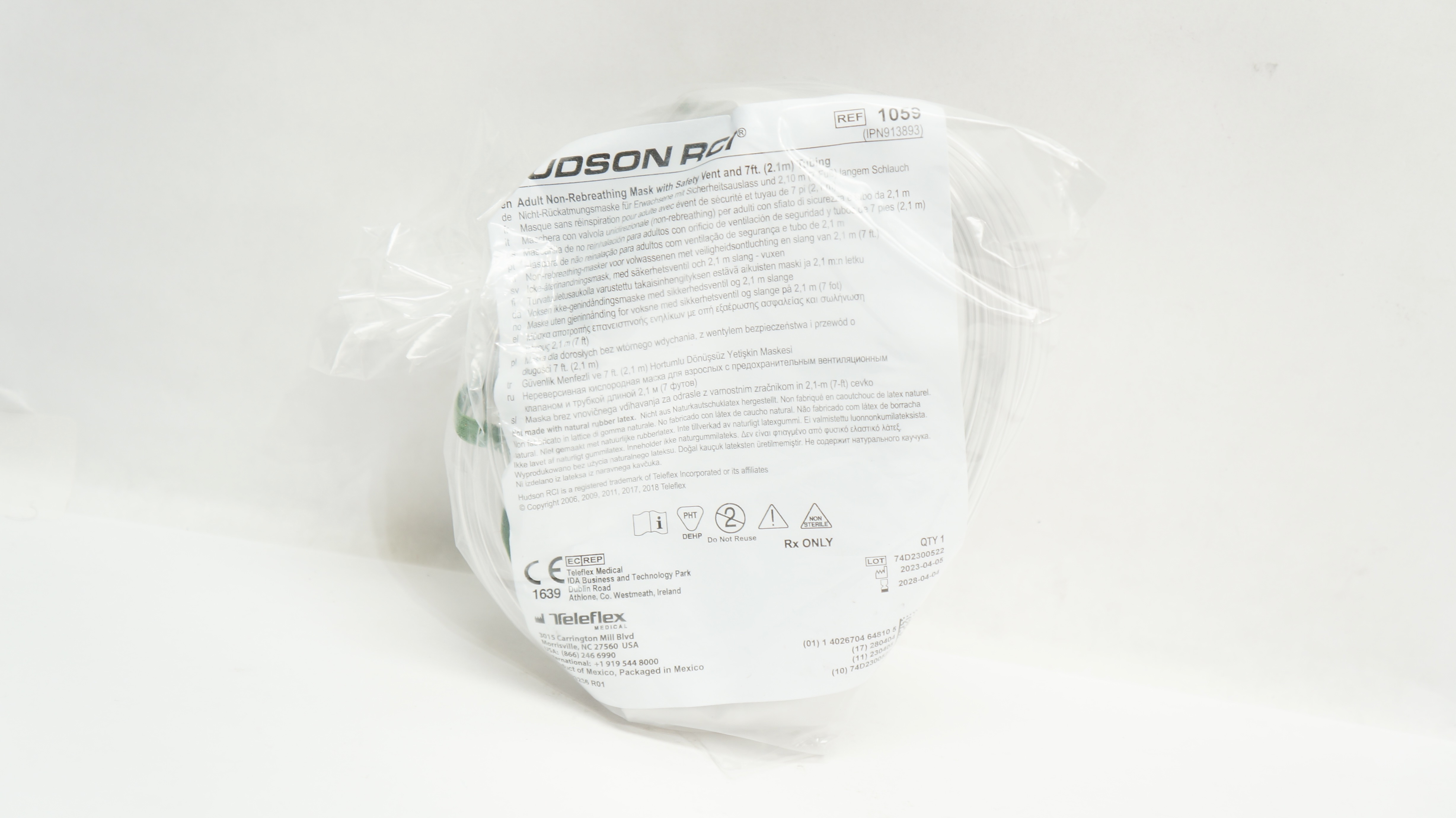 Teleflex 1059 Hudson RCI Adult Non-Rebreathing Mask w/Safety Vent & 7 ft. Tubing