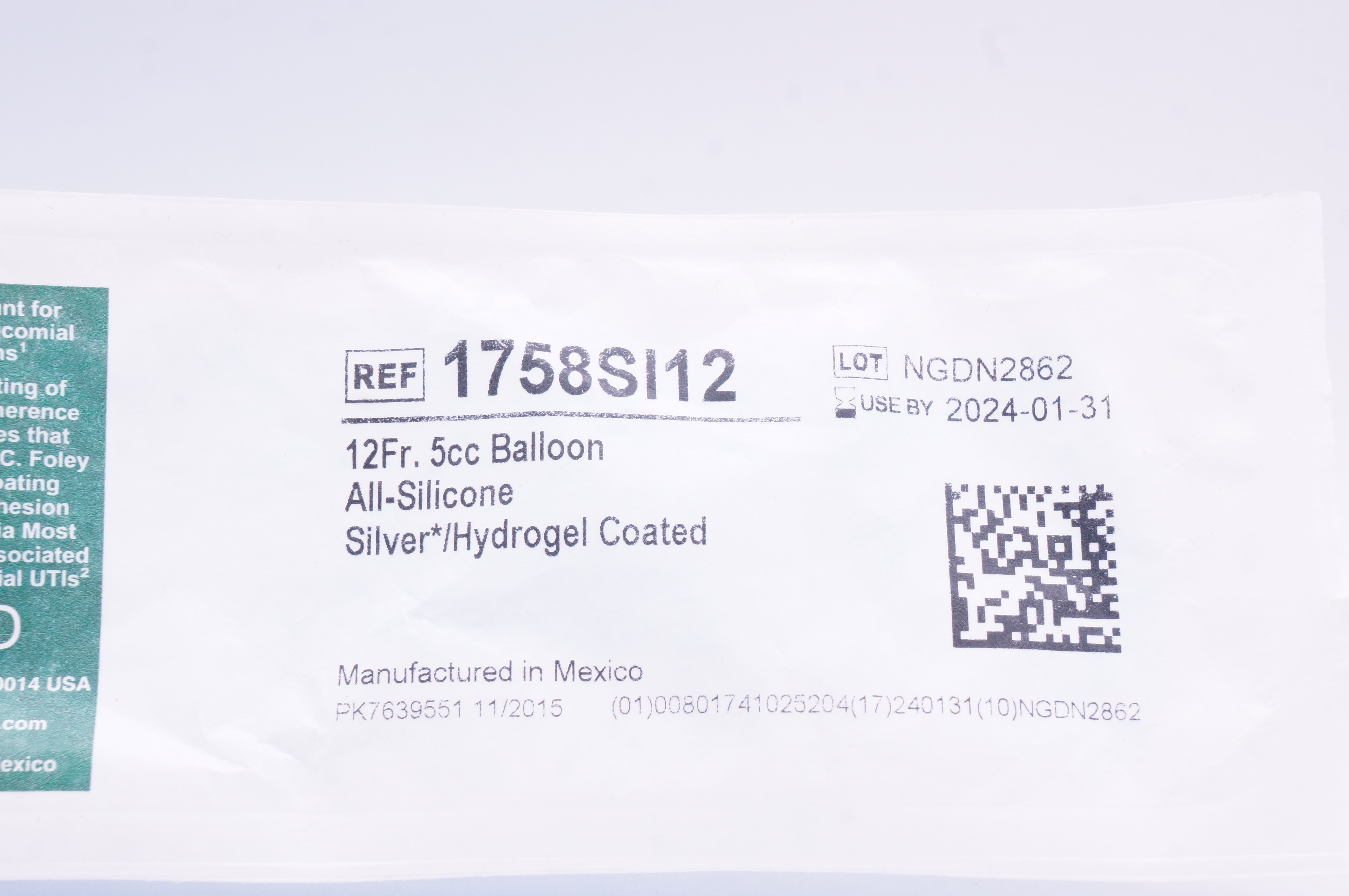 Bard 1758SI12 Lubri-Sil I.C. Anti-Microbial All-Silicone Foley Cath. 12Fr