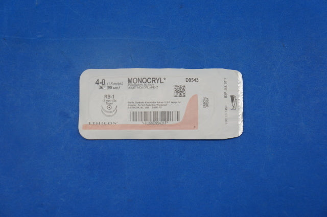 Ethicon D9543 4-0 MONOCRYL, RB-1 17mm 1/2c Taper, Violet Monofilament, 36