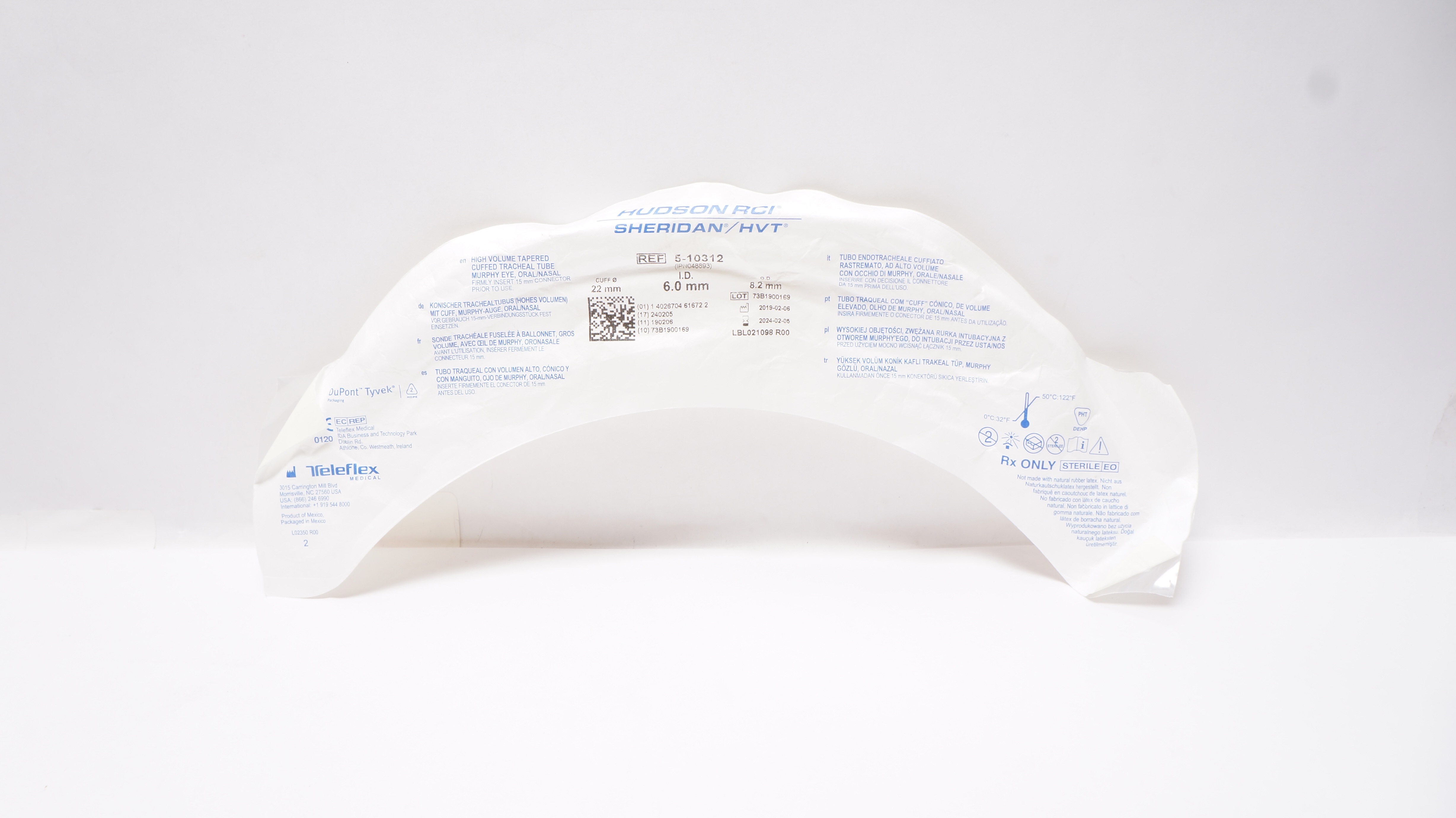 Teleflex 5-10312 Hudson RCI Sheridan Cuffed Tracheal Tube 6.0ID x 8.2OD x 22 mm