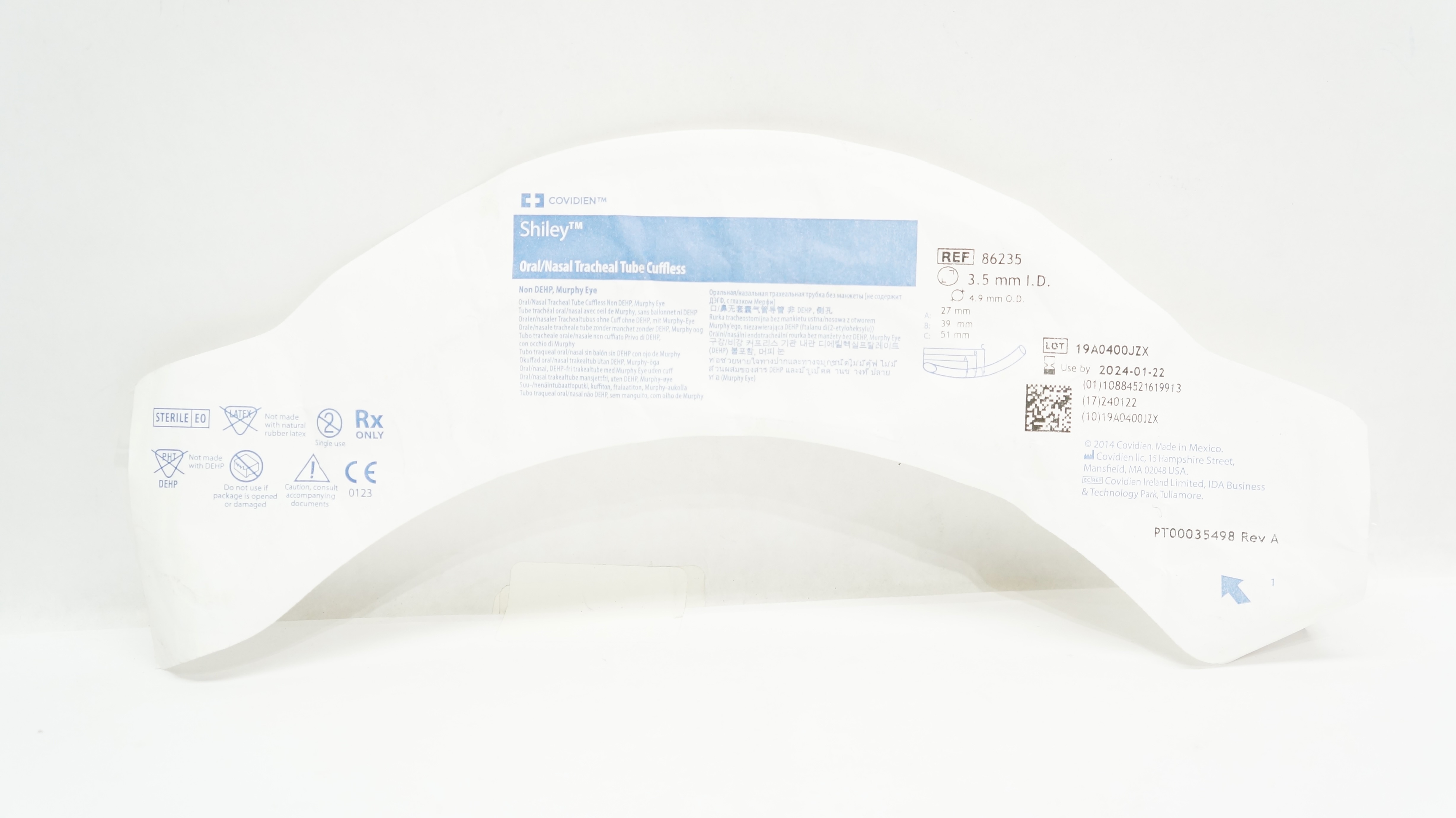 Covidien 86235 Shiley Oral/Nasal Tracheal Tube Cuffless 3.5mm ID x 4.9mm OD