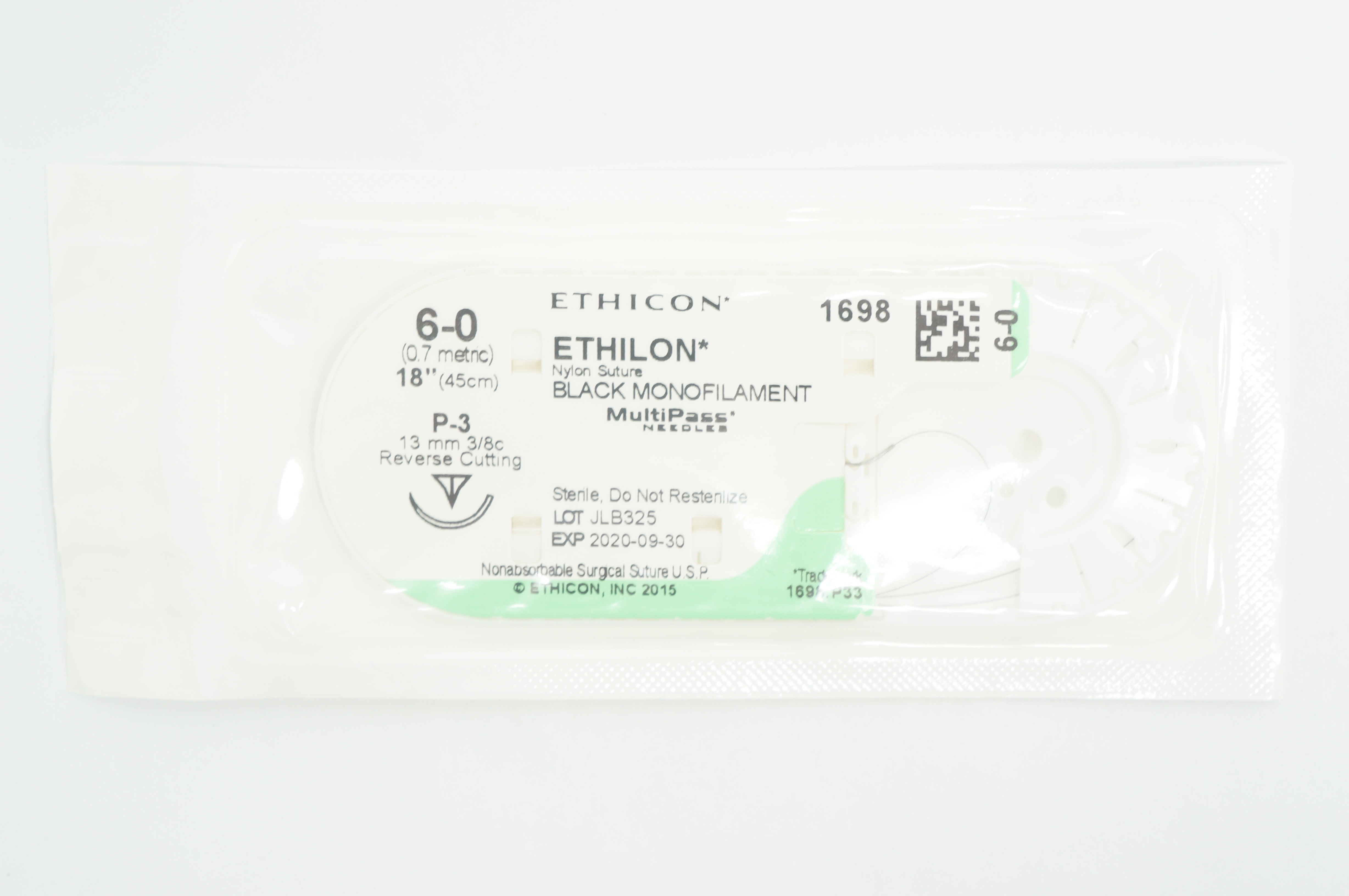 Ethicon 1698 6-0 ETHILON P-3, 13mm 3/8c Reverse Cutting, 18inch (x)