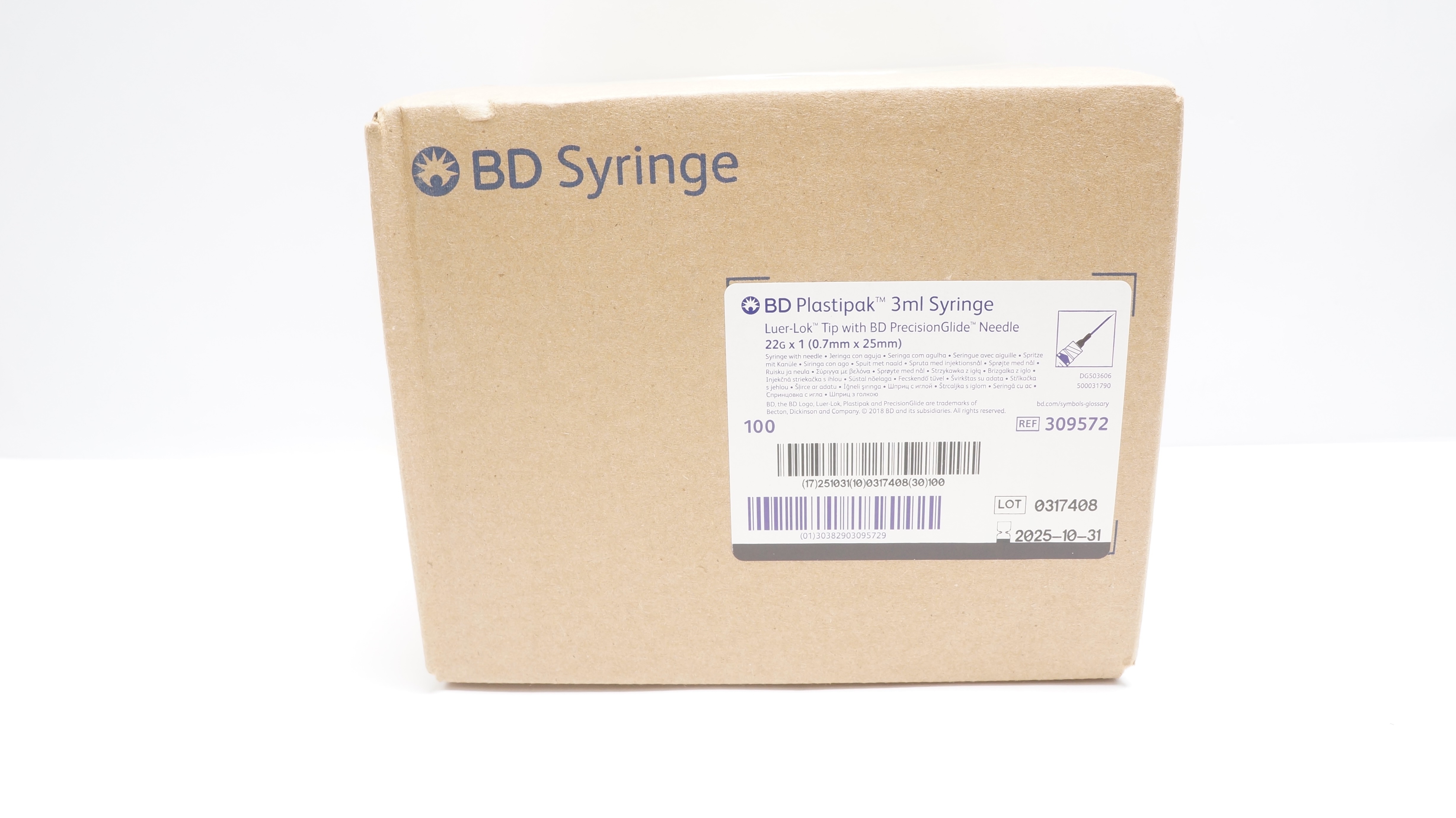 BD 309572  3ml Syringe Luer-Lok Tip 22G x 1inch - Case of 100