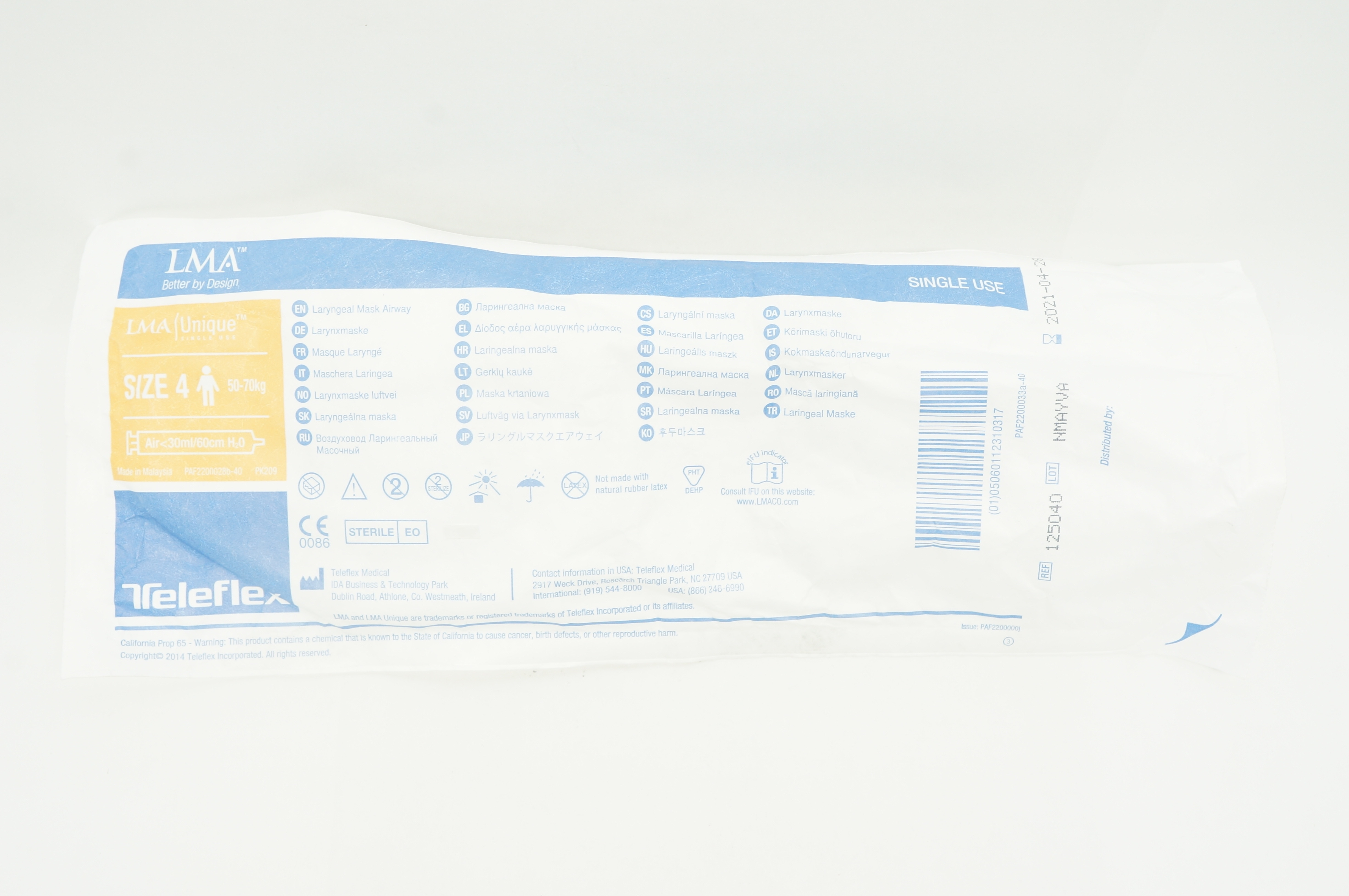 Teleflex 125040 LMA Unique, Laryngeal Mask Airway, Size 4, 50-70kg (x)