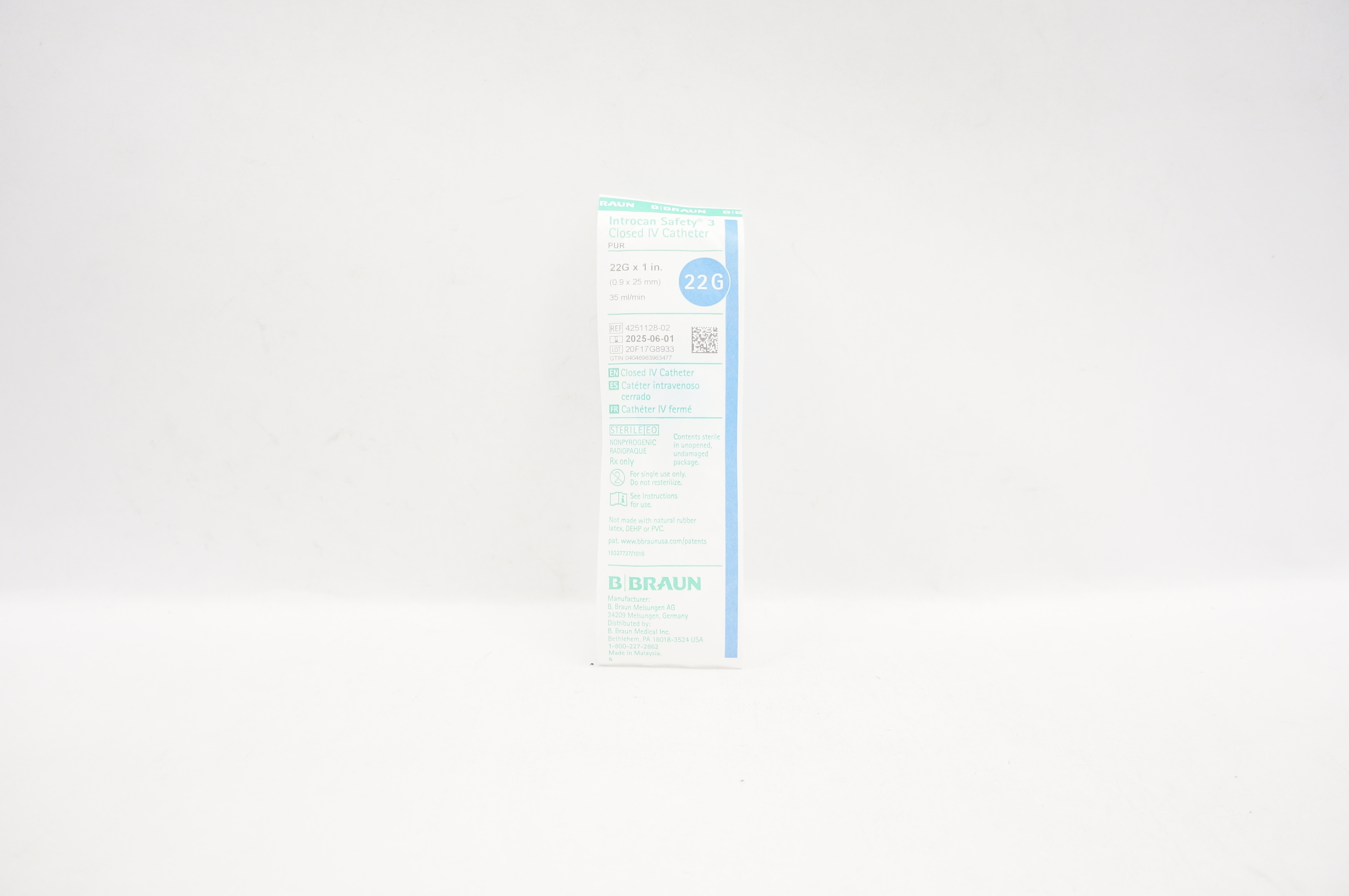 B.Braun 4251128-02 Introcan Safety 3 Closed IV Cath. 22G x 1inch x 35ml/min