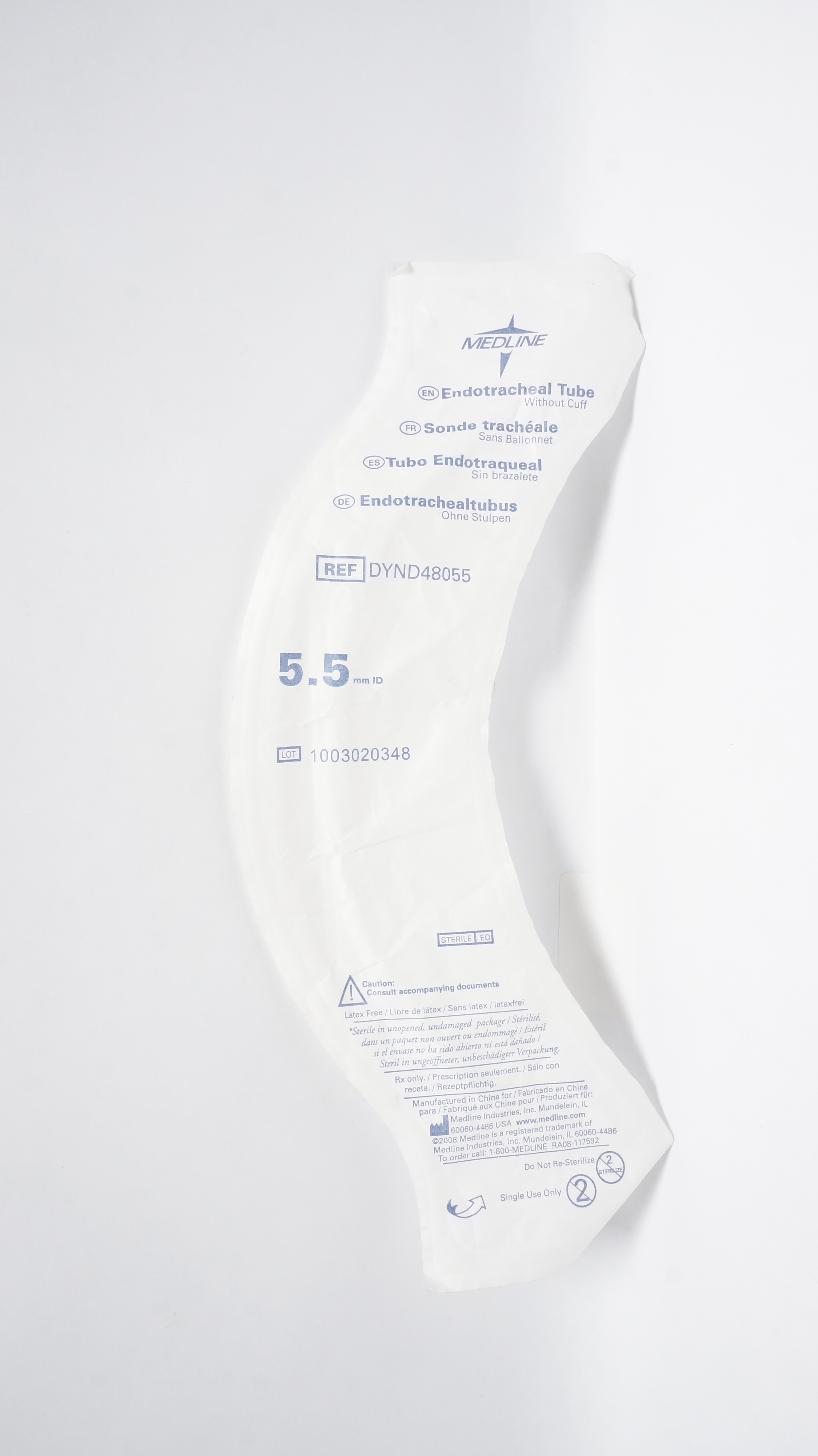 Medline DYND48055 5.5 mm I.D. Uncuffed Endotracheal Tube