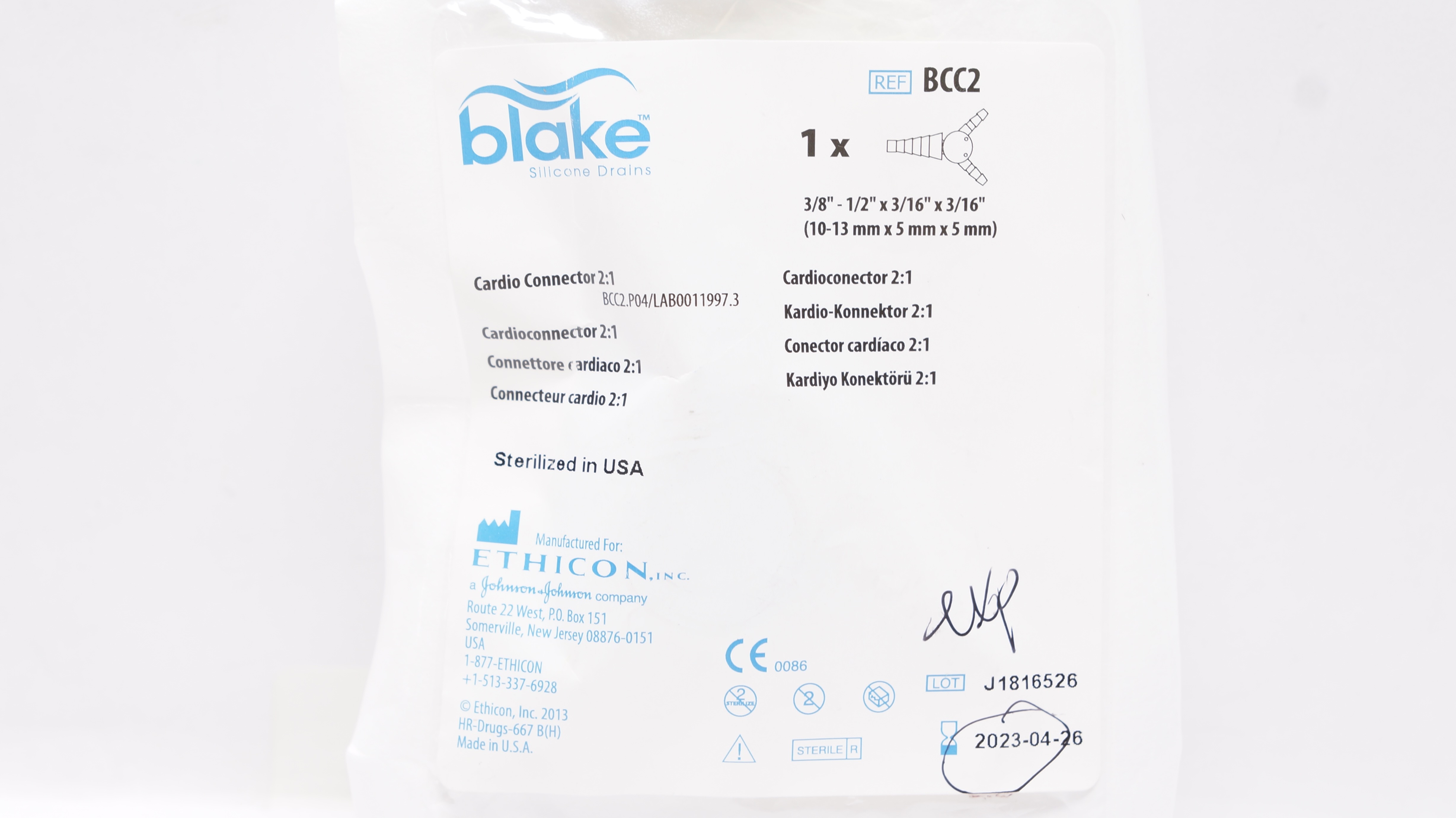 Ethicon BCC2 Blake Silicone Drains Cardio Connector 2:1 3/8-1/2x3/16x3/16inch(x)