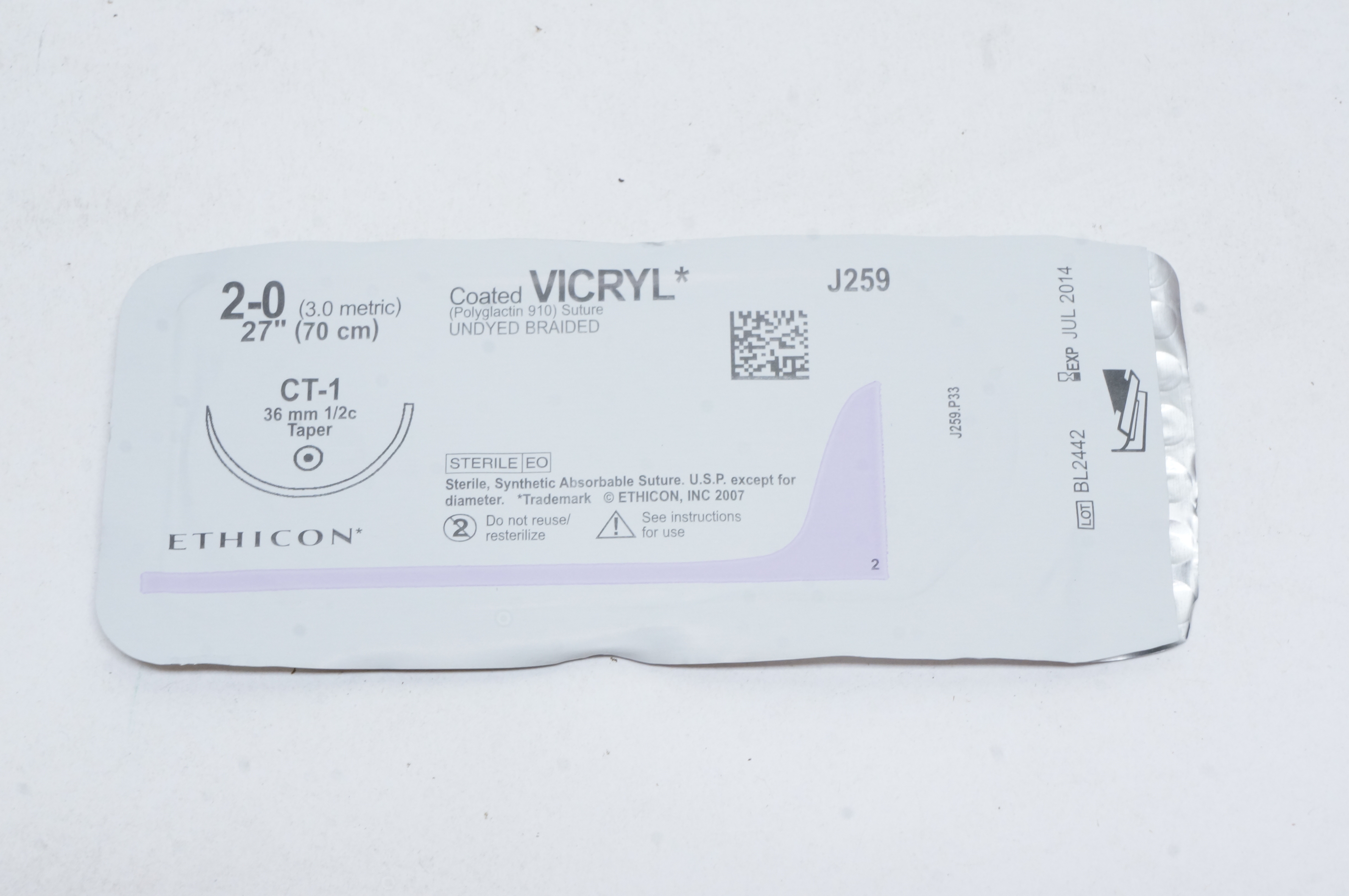 Ethicon J259 2-0 VICRYL, CT-1, 36mm 1/2c Taper, 27inch (x)