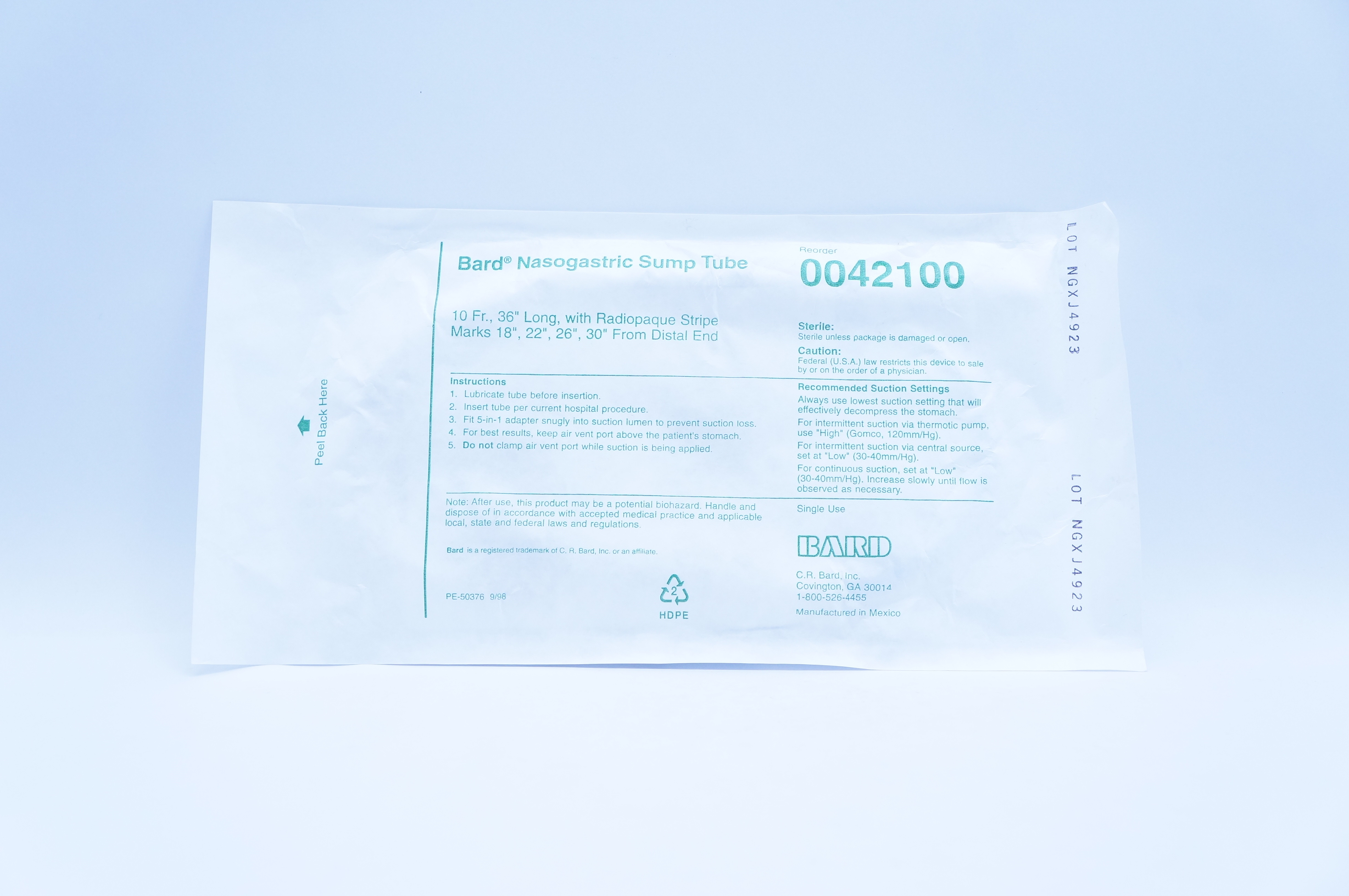 Bard 0042100 Nasogastric Sump Tube 10Fr x 36inch