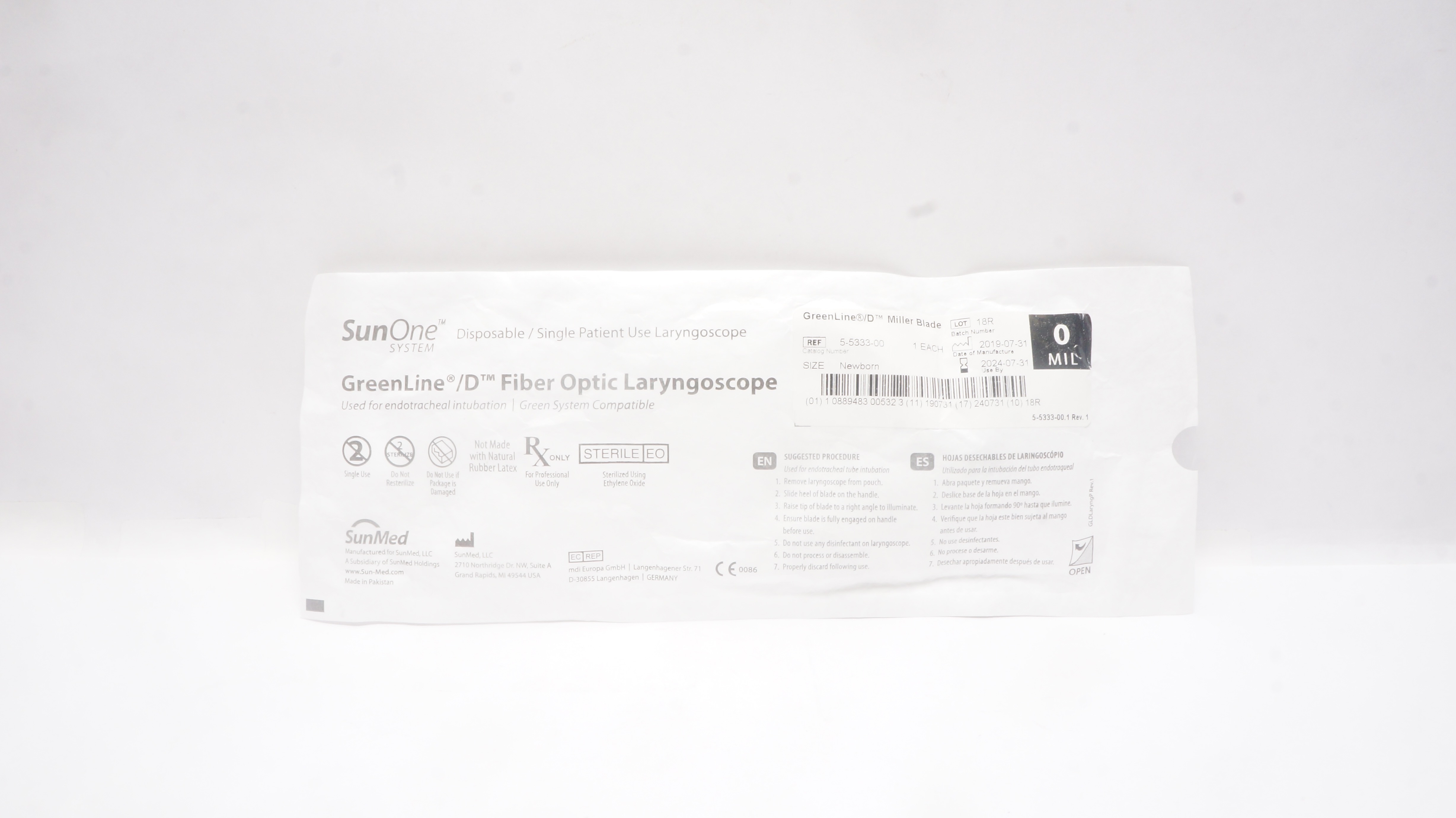 SunMed 5-5333-00 GreenLine/D Laryngoscope Blade Miller Size 0, Newborn