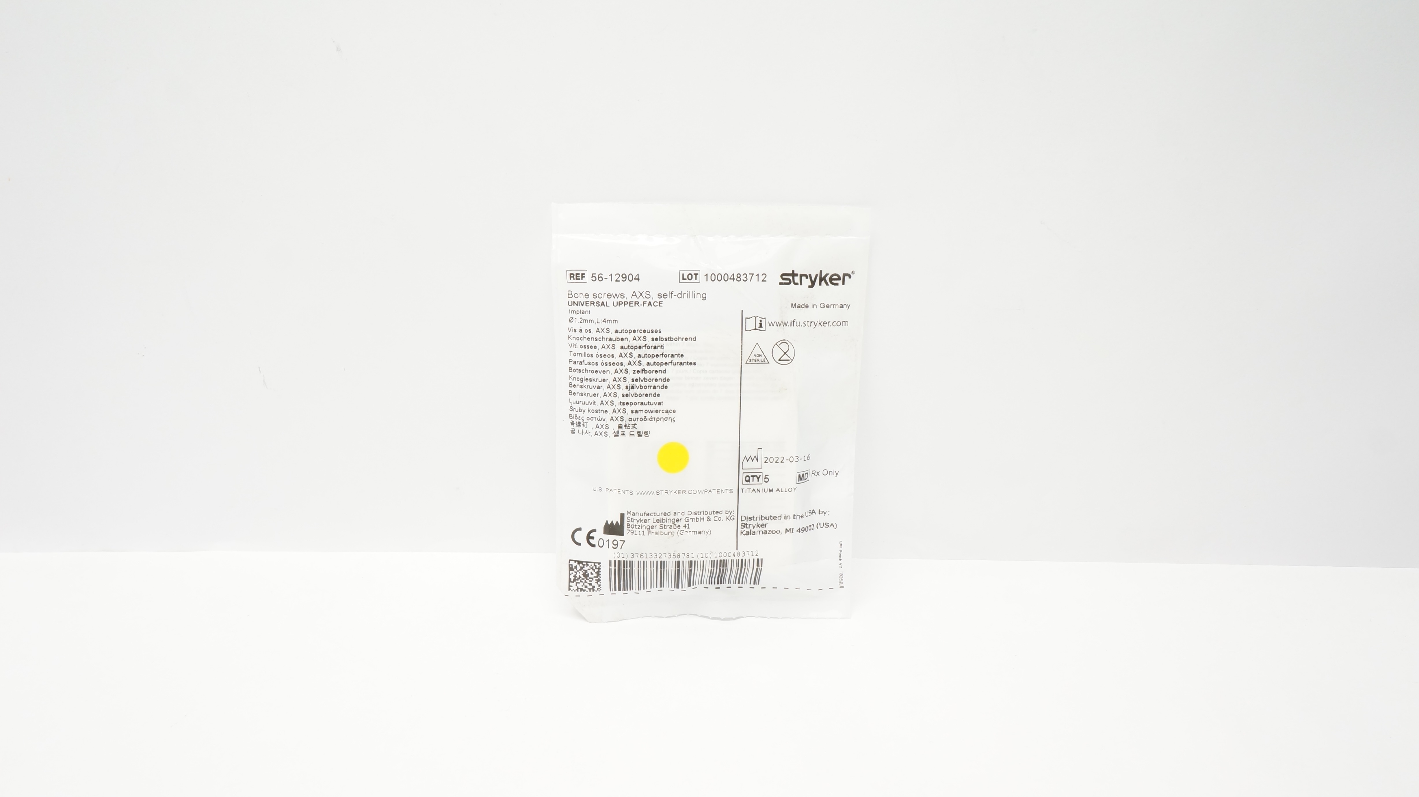 Stryker 56-12904 Bone Screws, AXS, Self-Drilling, 1.2 x 4mm - Pack of 5