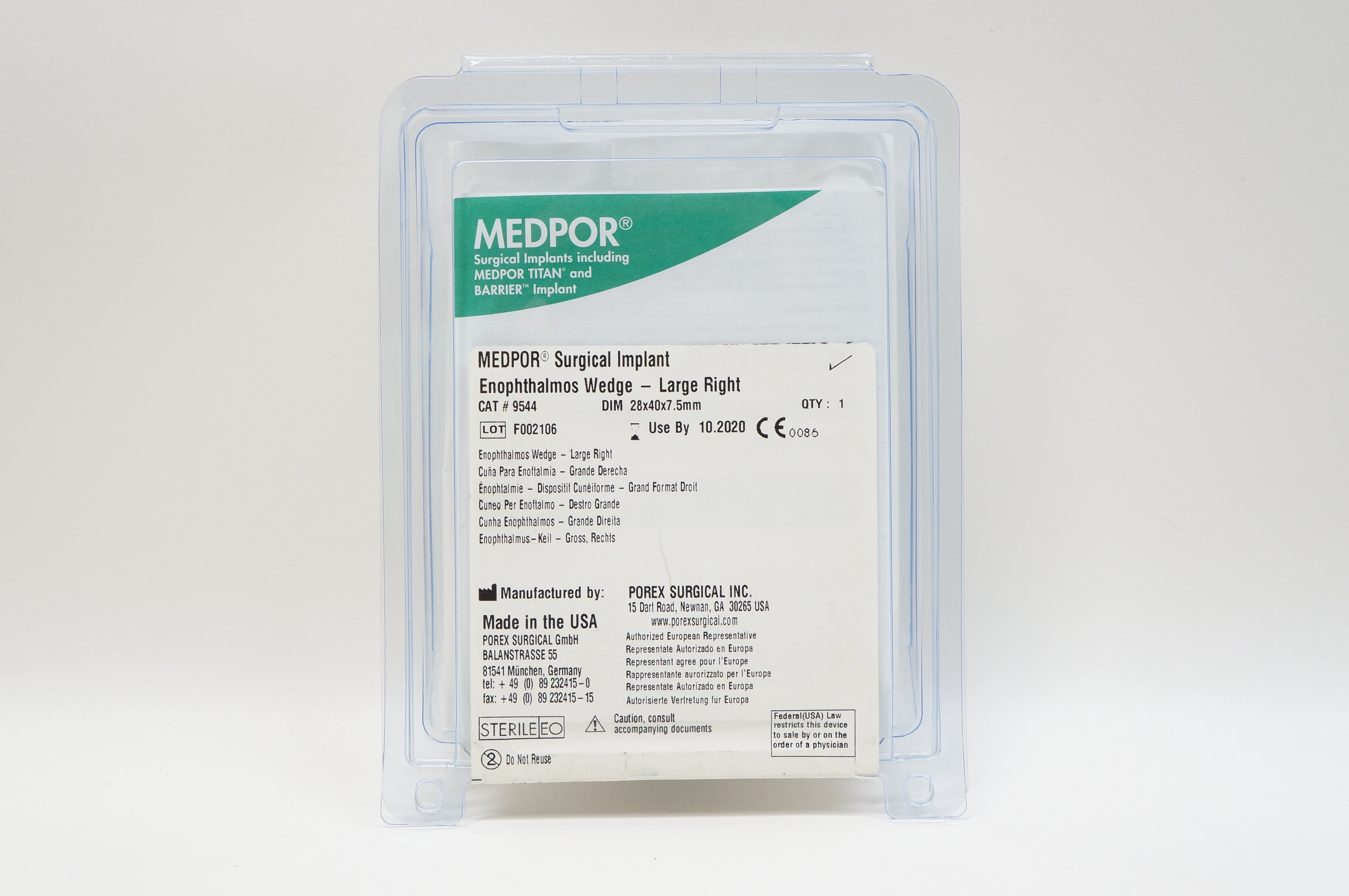 POREX 9544 MEDPOR Surgical Implant Enophthalmos Wedge - Large Right 28x40x7.5mm