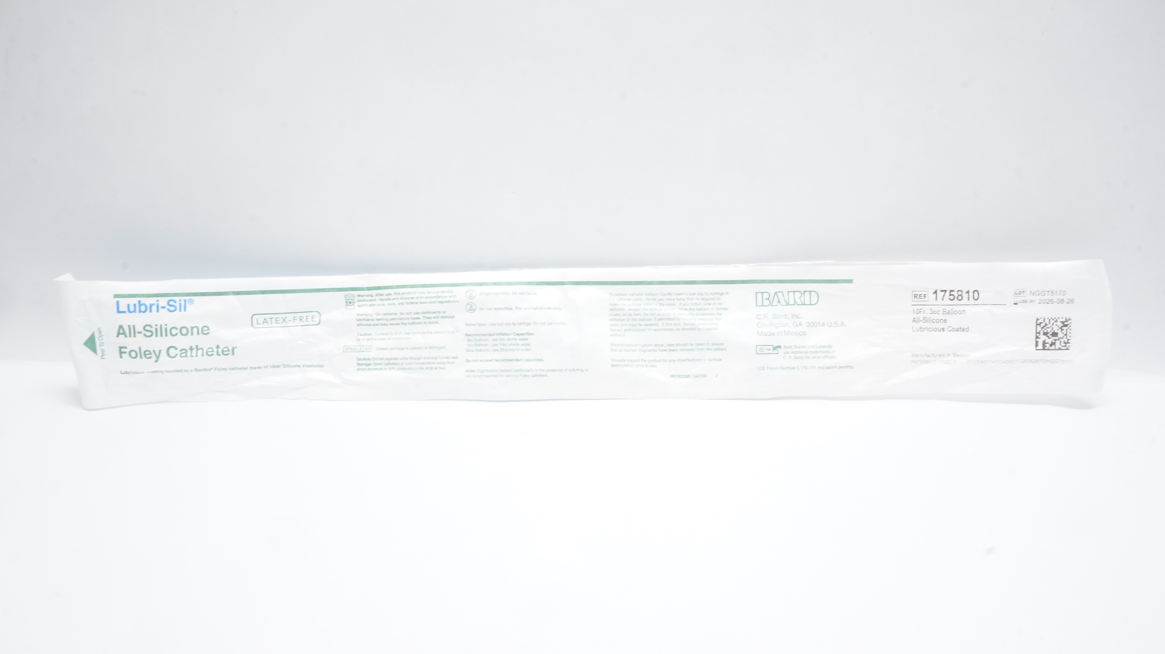 Bard 175810 Lubri-Sil All-Silicone Foley Cath. 10Fr. 3cc Balloon