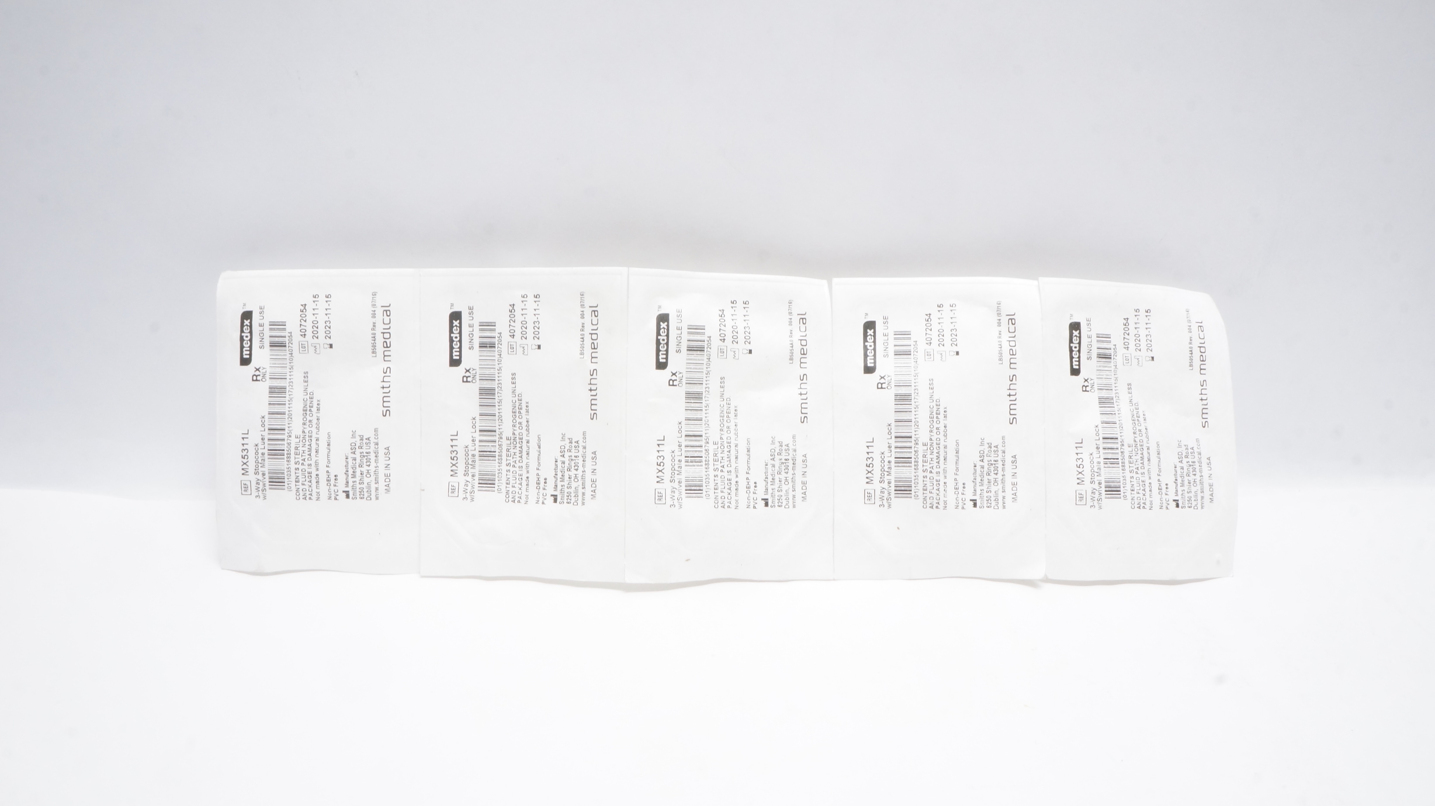 Smiths Medical MX5311L Medex 3-Way Stopcock w/Male Luer Lock (x) - Lot of 5