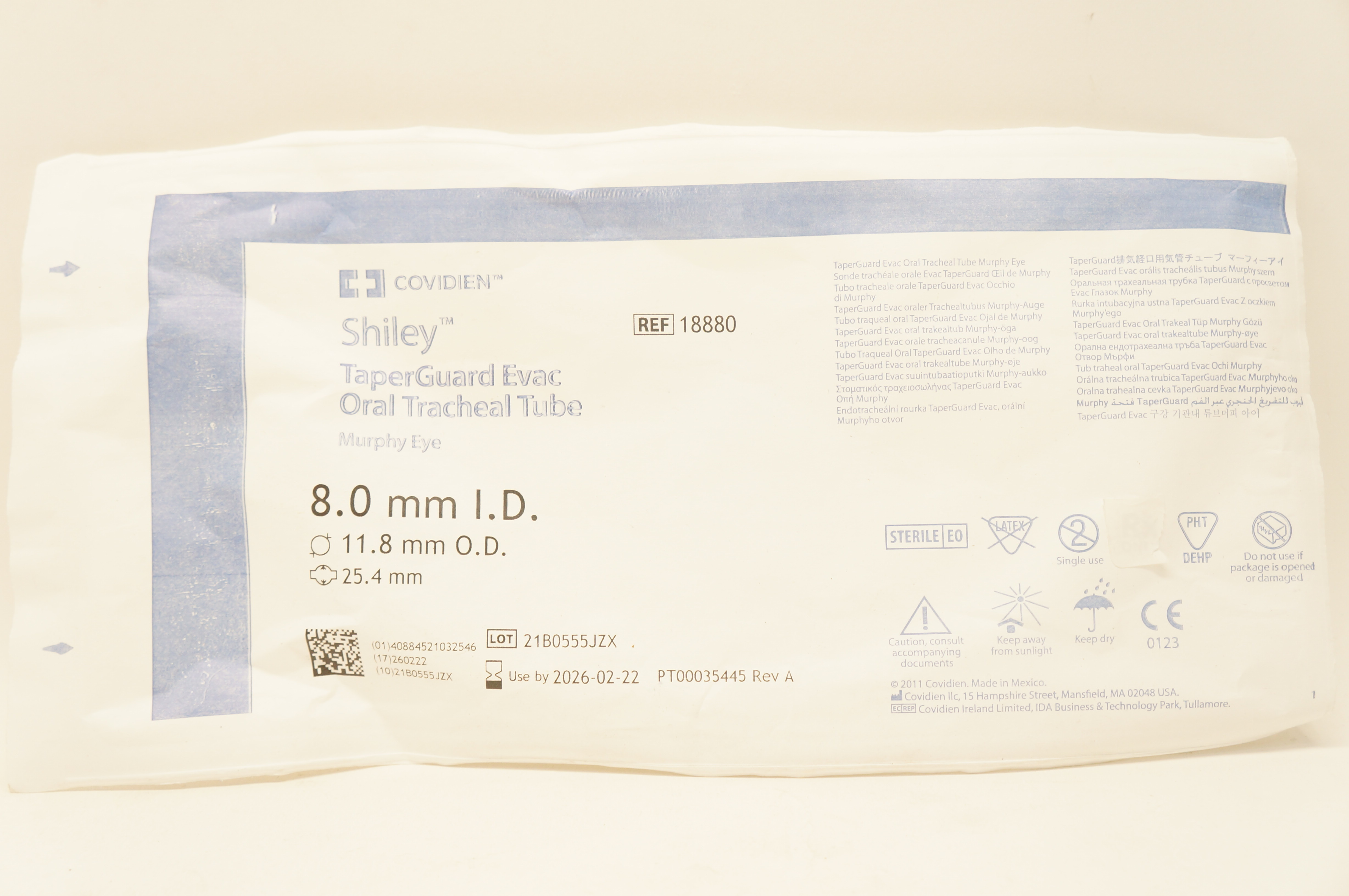 Covidien 18880 Shiley TaperGuard Evac Oral Tracheal Tube 8.0 ID x 11.8mm OD