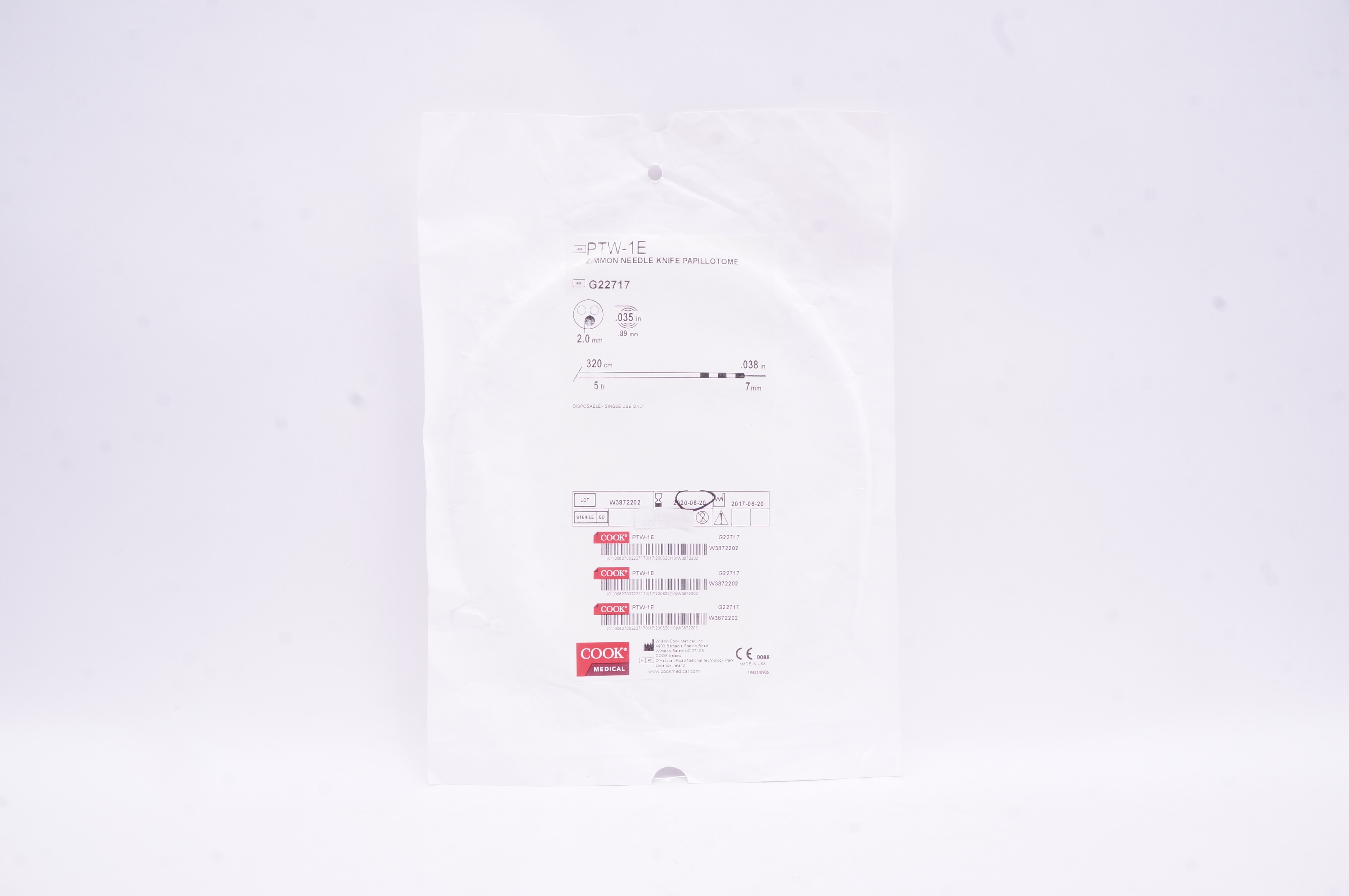 Cook Medical G22717 Zimmon Needle Knife Papillotome 2.0mm .035inch 320cm 5fr (x)