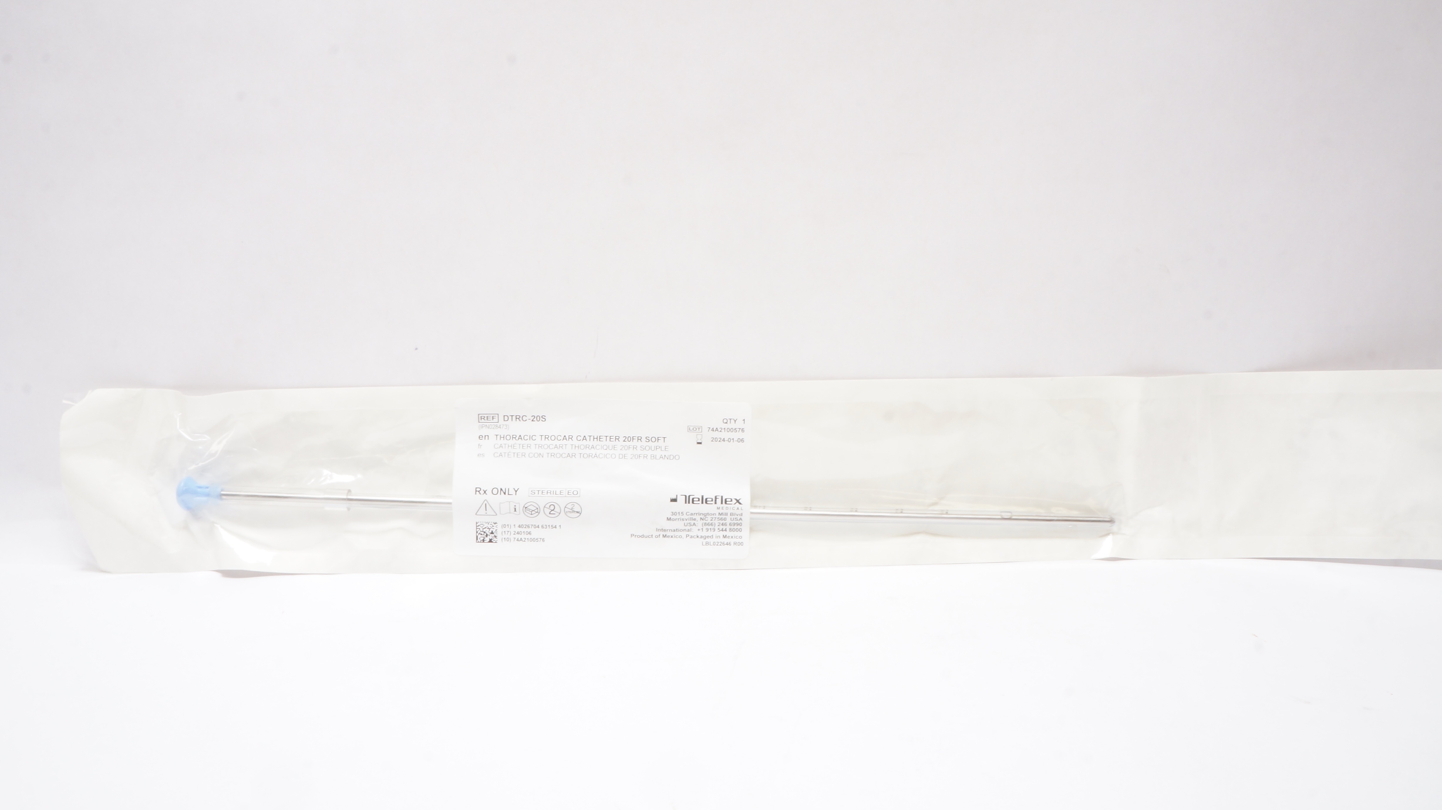 Teleflex DTRC-20S Thoracic Trocar Cath. Soft 20Fr