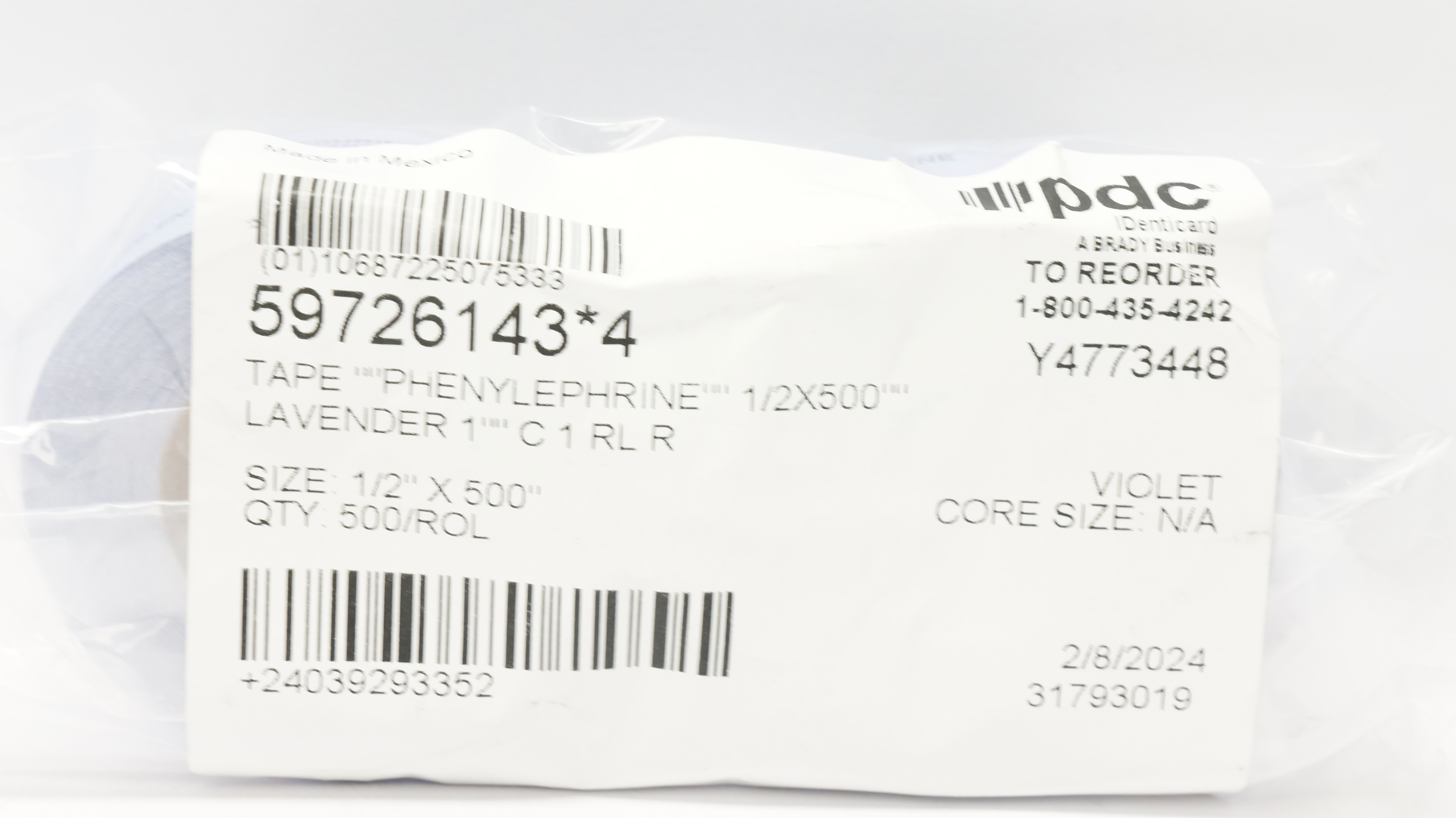 PDC 59726143*4 Tape Phenylephrine 1/2 x 500inch, Violet - Pack of 500