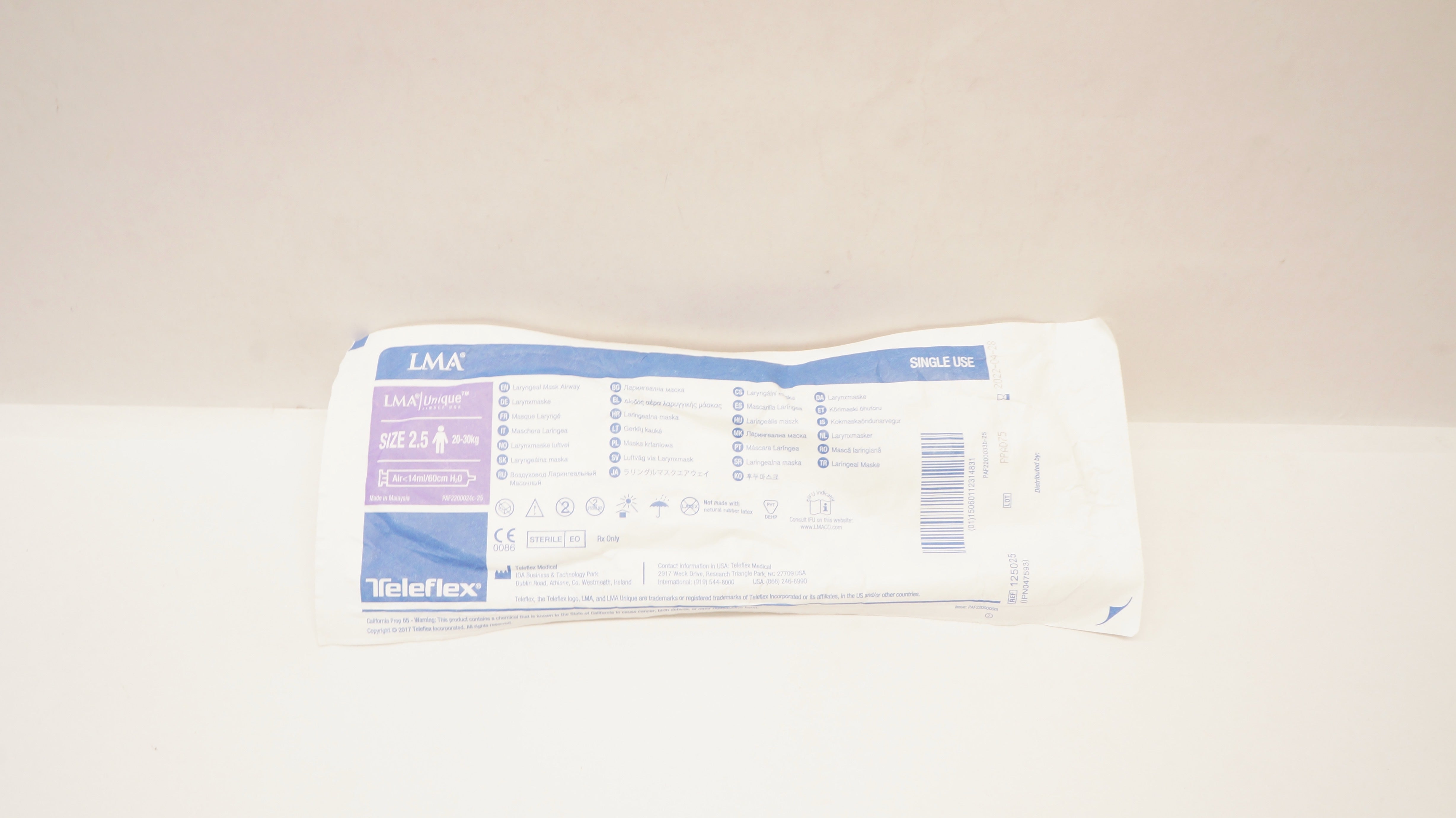 Teleflex 125025 LMA Unique Laryngeal Mask Airway Size 2.5 20-30kg (x)
