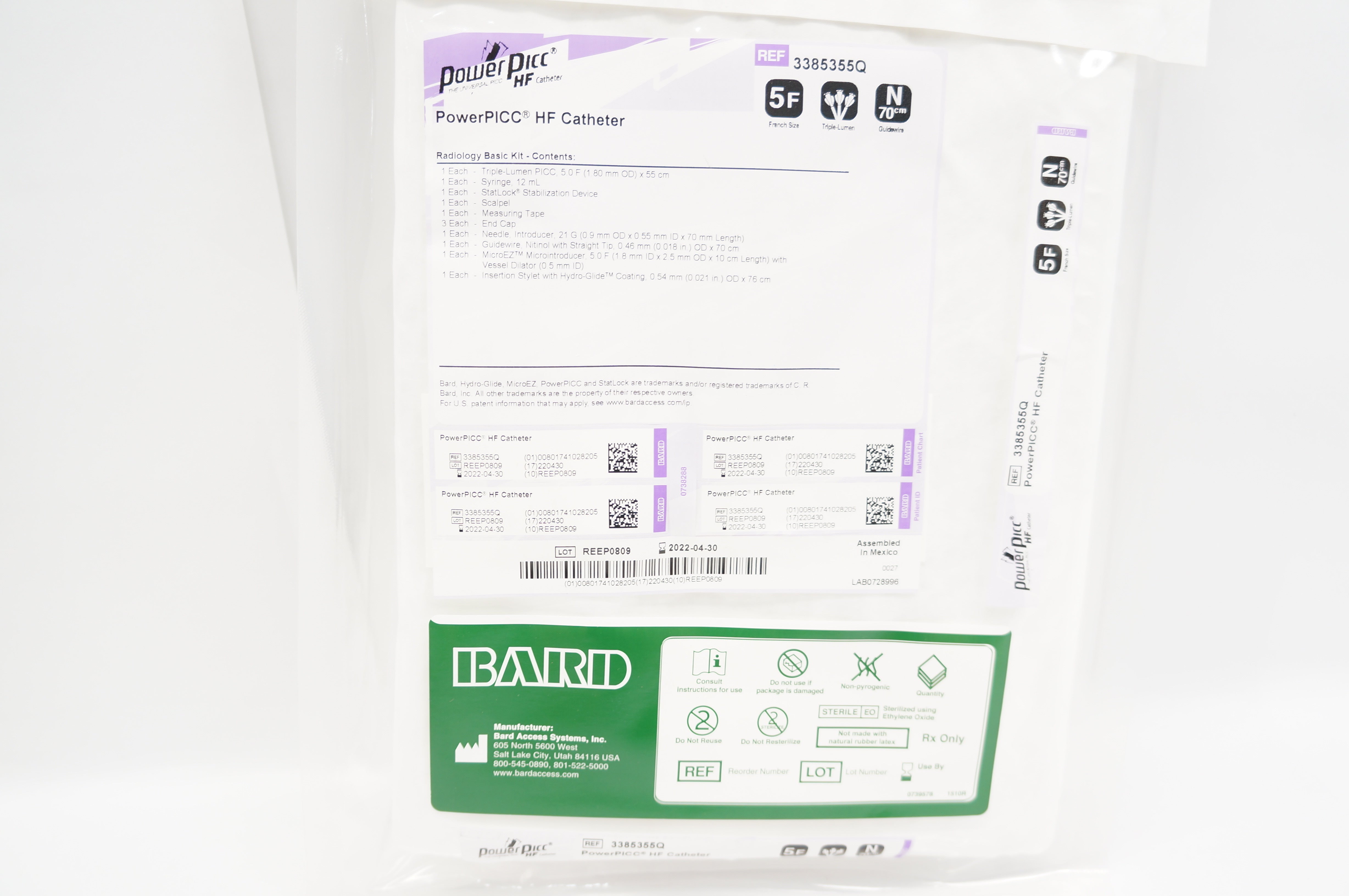 Bard 3385355Q PowerPiCC Triple-Lumen Kit w/Guidewire 5F, 0.018inch x 70cm