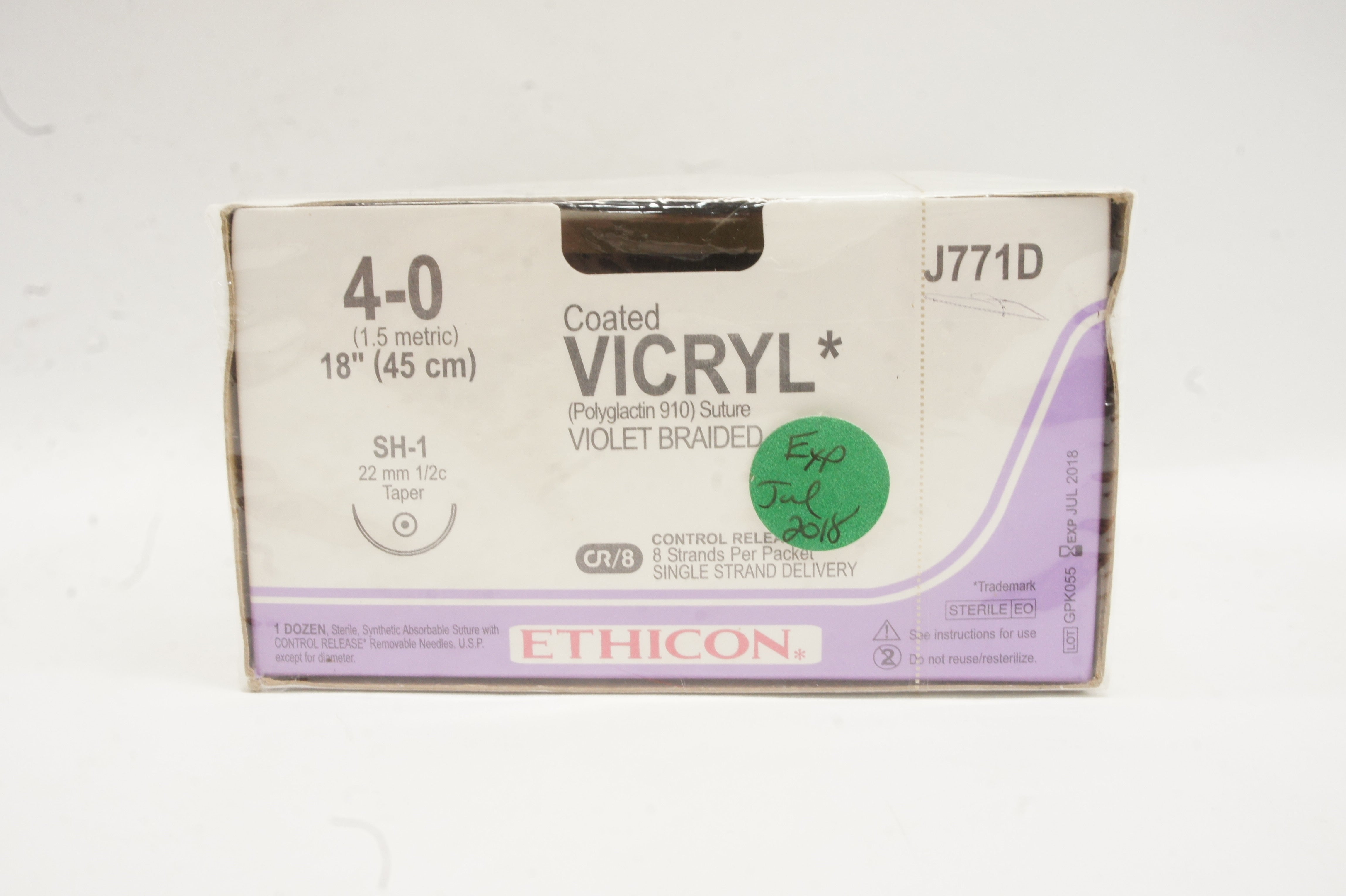 Ethicon J771D 4-0 VICRYL, SH-1 22mm 1/2c Taper, 18inch - Box of 12 (x)