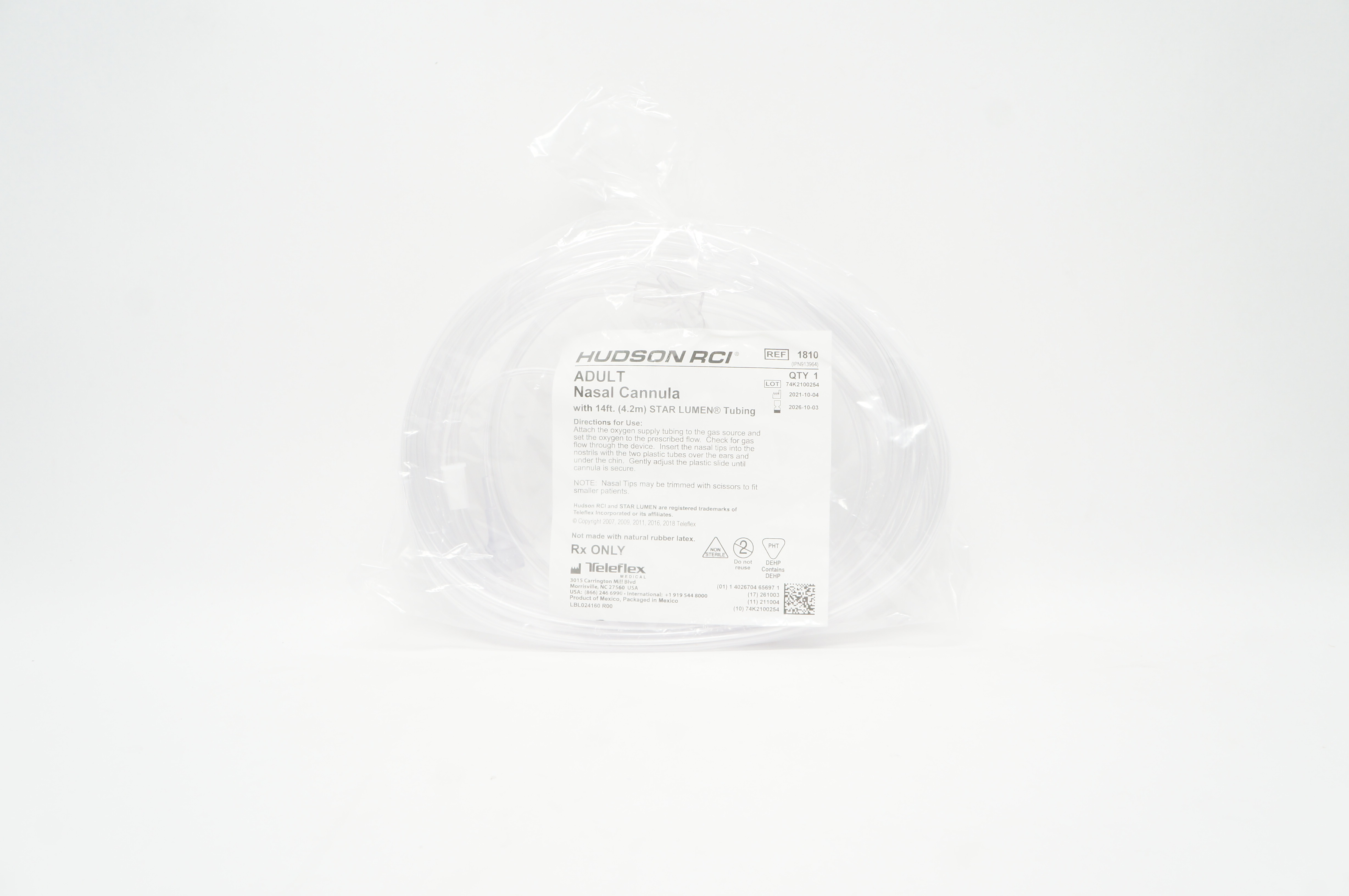 Teleflex 1810 Hudson RCI Adult Nasal Cannula with 14Ft Star Lumen Tubing