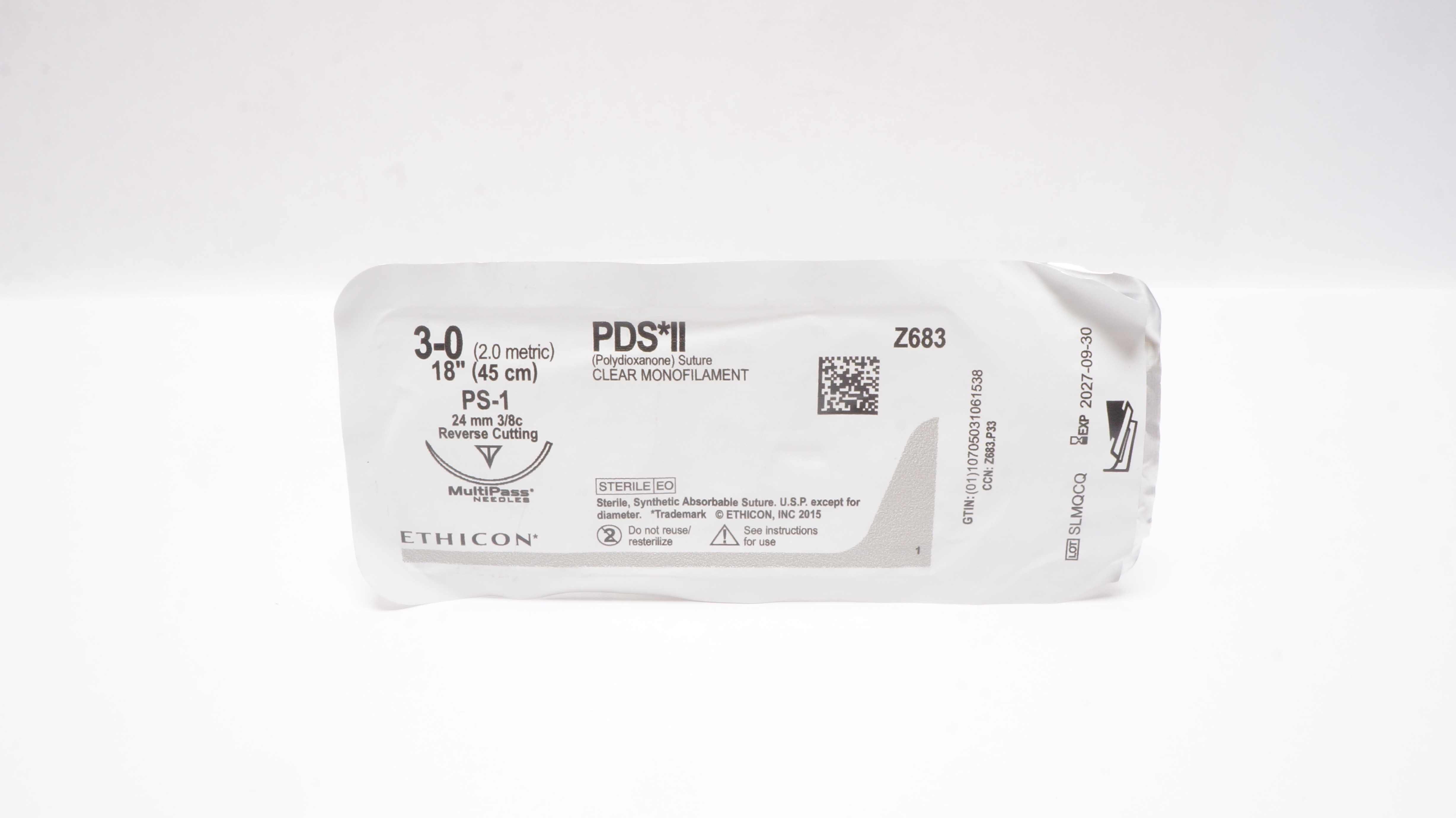Ethicon Z683 3-0 PDS II, PS-1, 24mm 3/8c Reverse Cutting, 18 inch