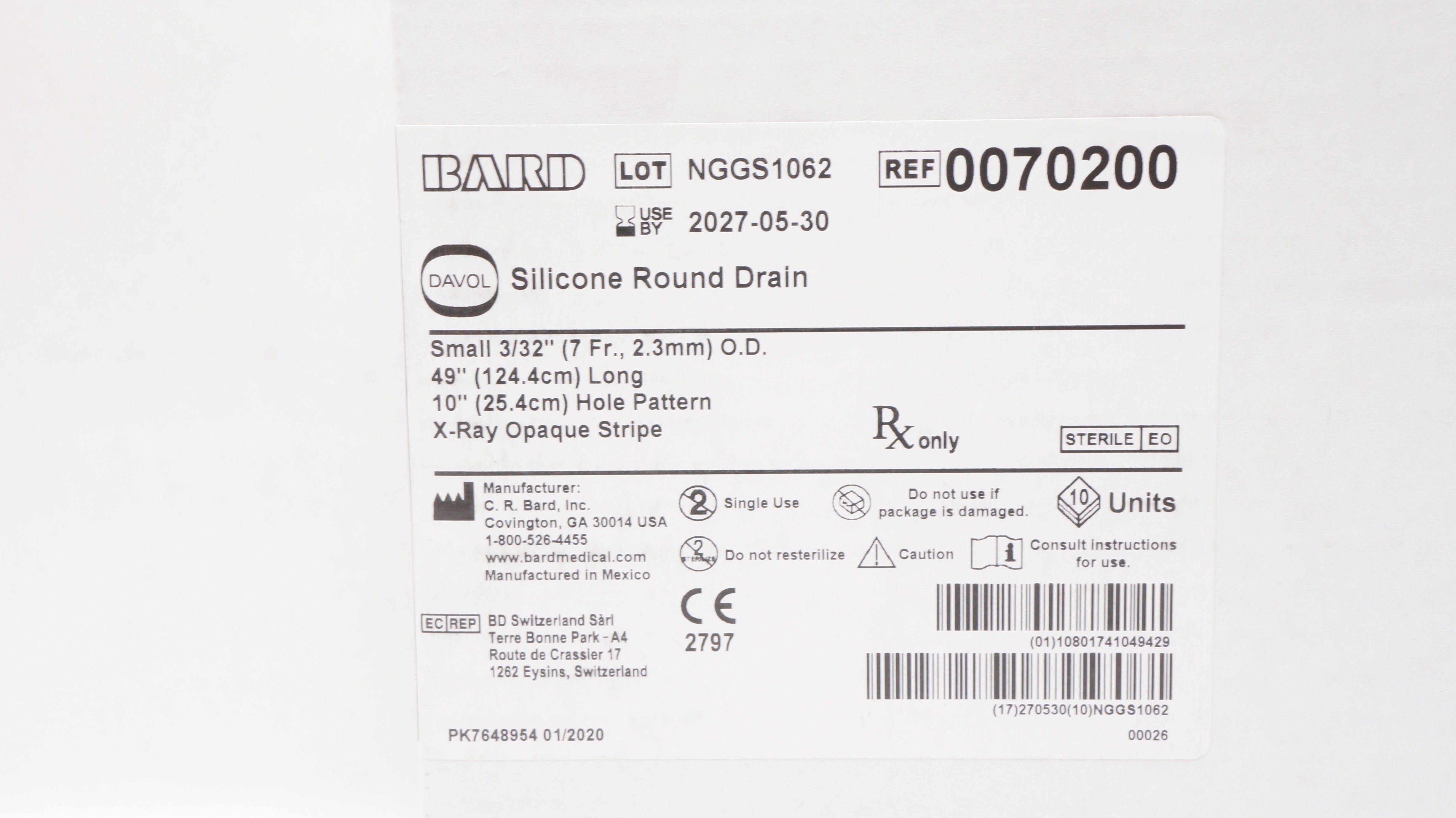 Bard 0070200 Davol Silicone Round Drain Small 3/32inch x 49 x 10inch - Box of 10