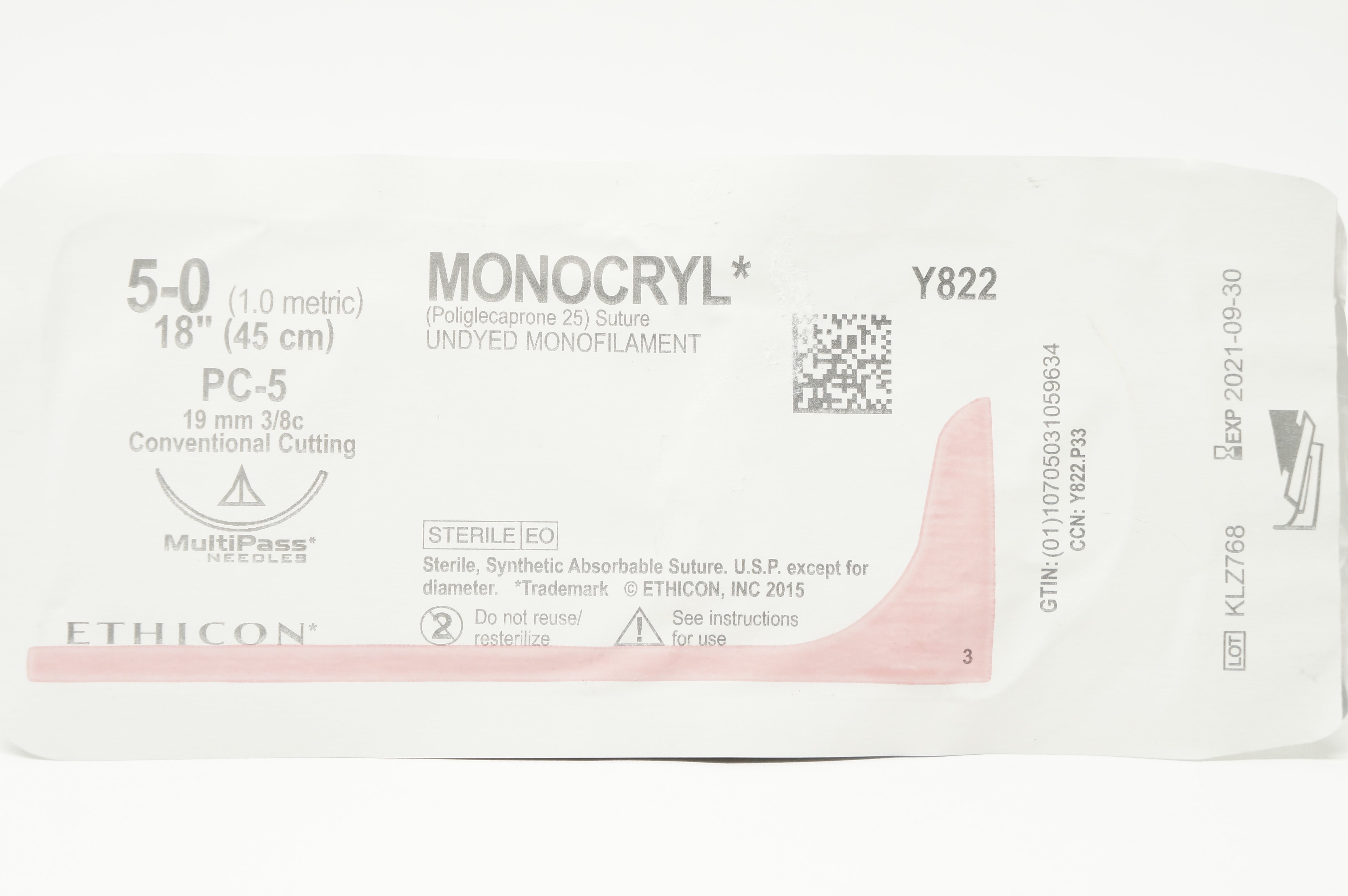 Ethicon Y822 5-0 MONOCRYL PC-5 19mm 3/8c Conventional Cutting, 18inch (x)