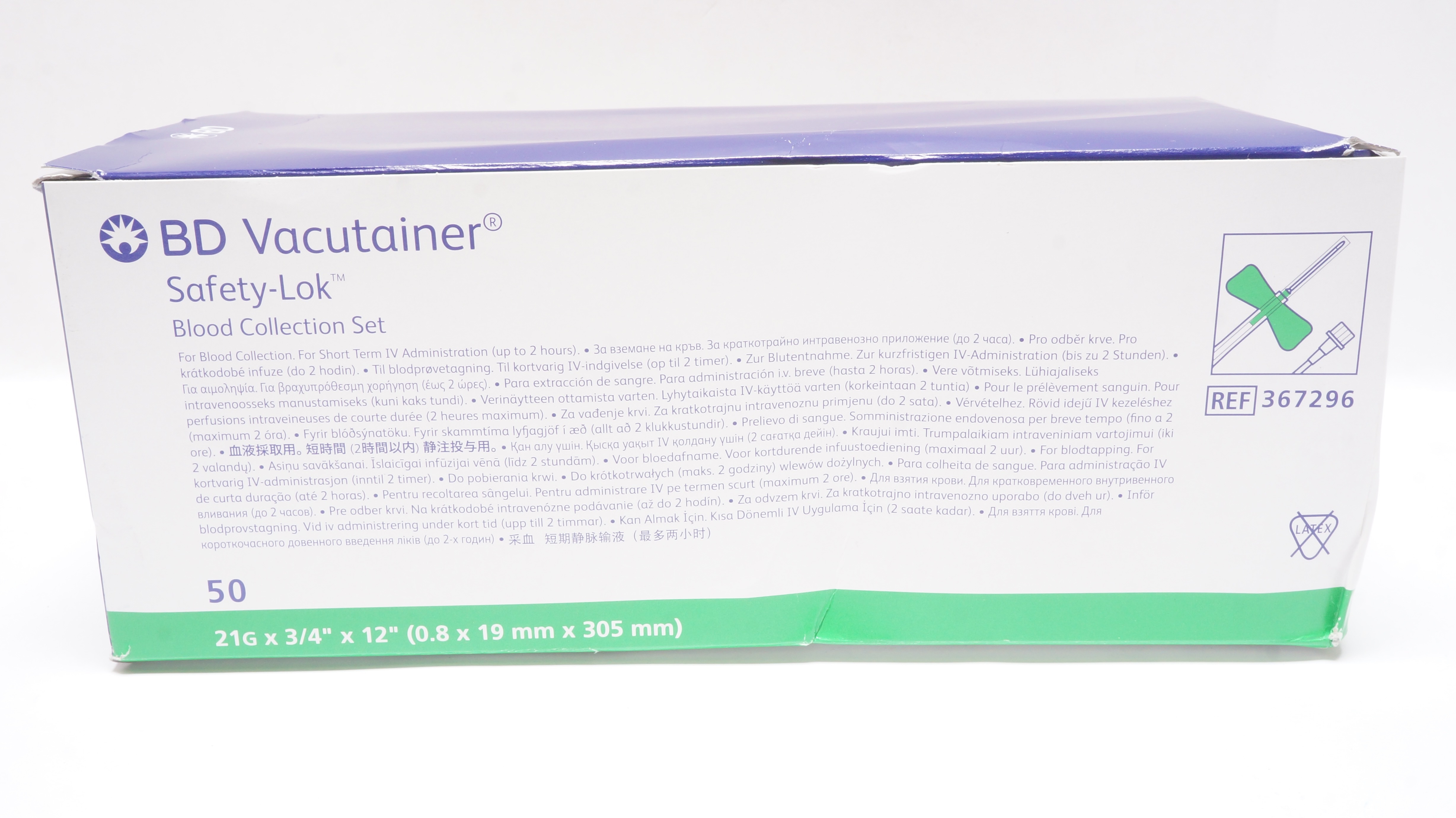 BD 367296 Vacutainer Safety-Lok Blood Collection Set 21G x 3/4 x 12in -Box of 50